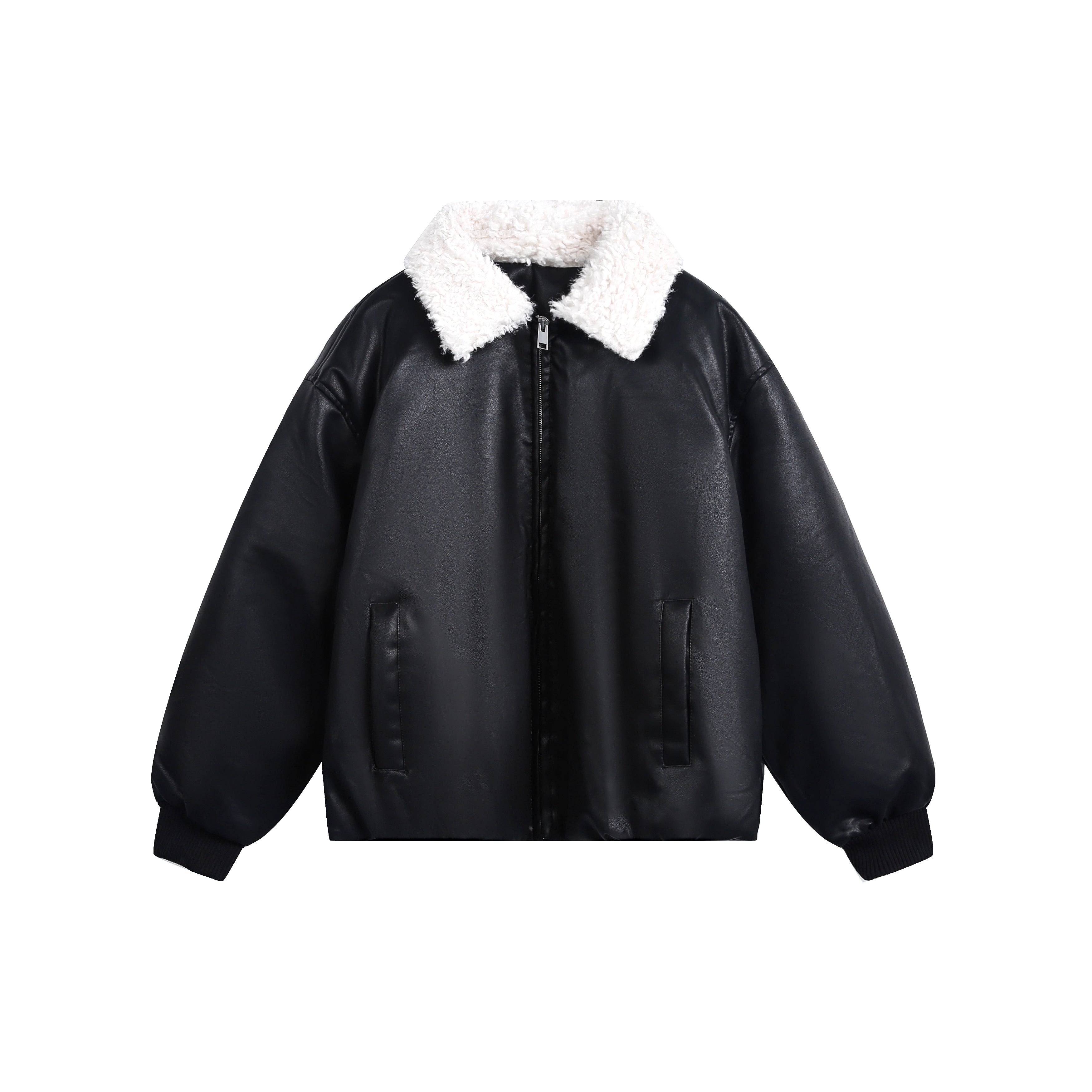 Contrast Lapel PU Leather Jacket EZ255
