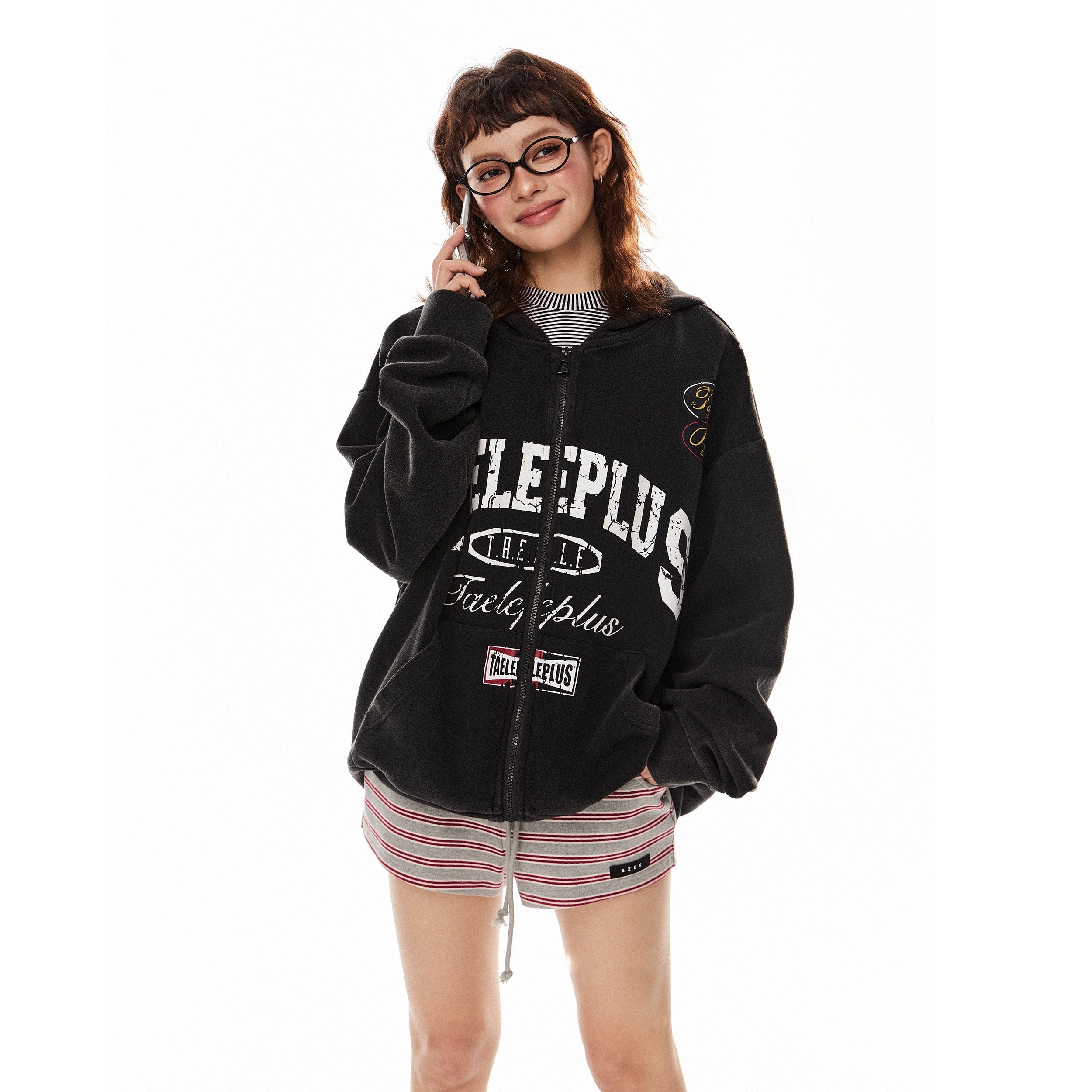 Letter Print Washed Hoodie Jacket MW10276