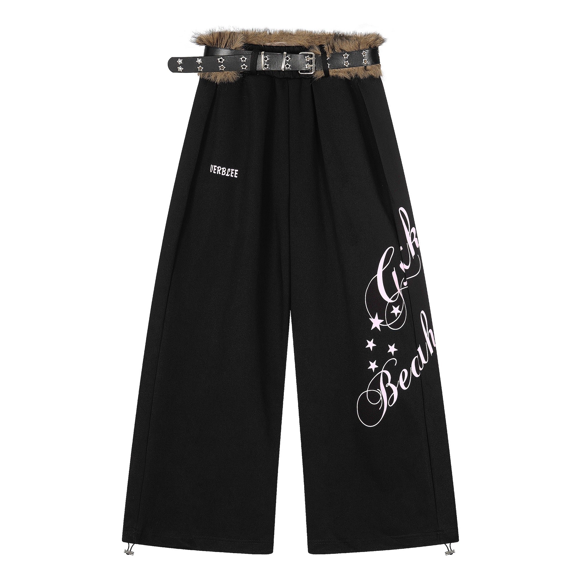 Letter Print Wide Sweat Pants With Fur Belt BK7026