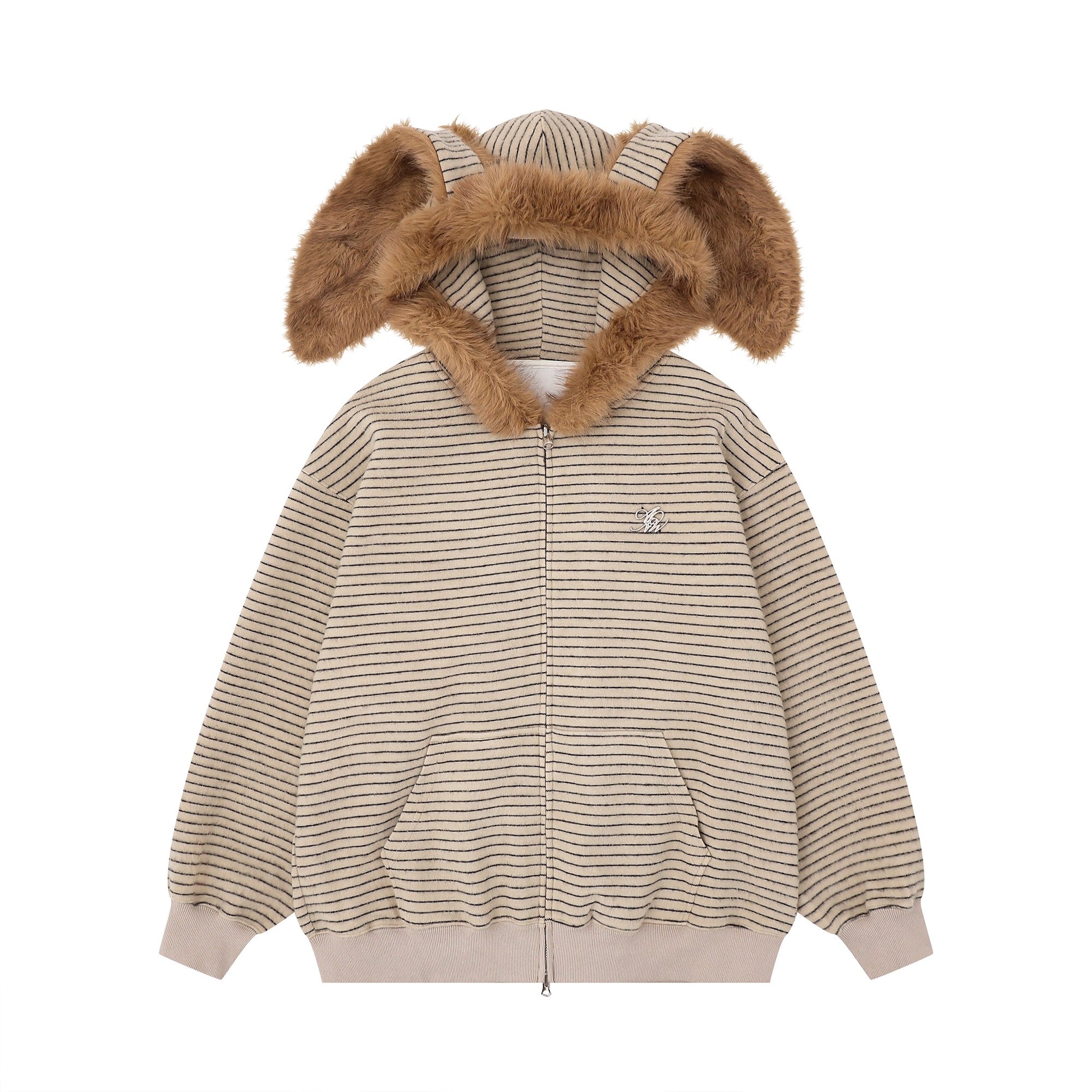 Fur Collar Rabbit Ear Border Zip Hooded Parka MW10293
