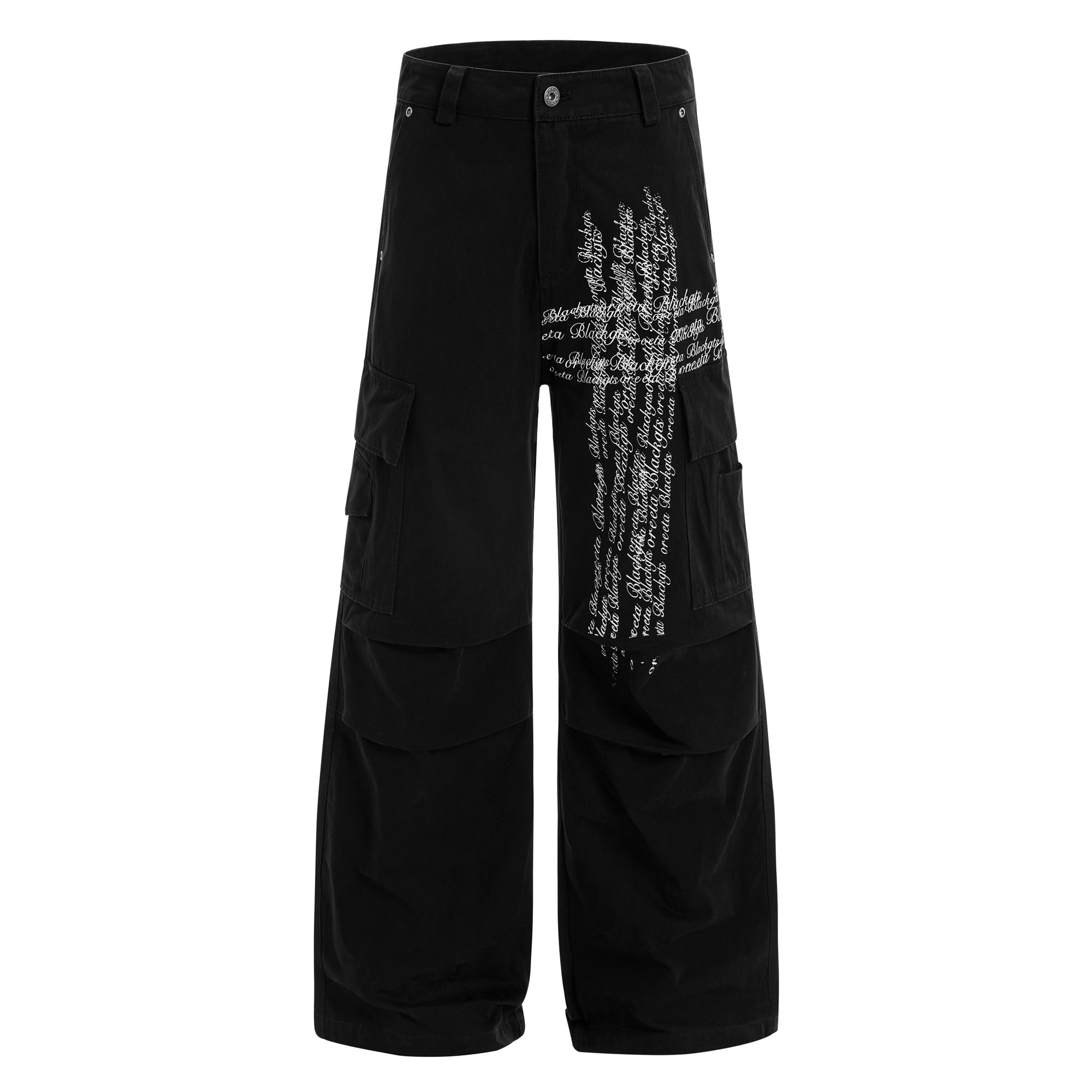 Washed Pleated Letter Print Cargo Pants BK7013