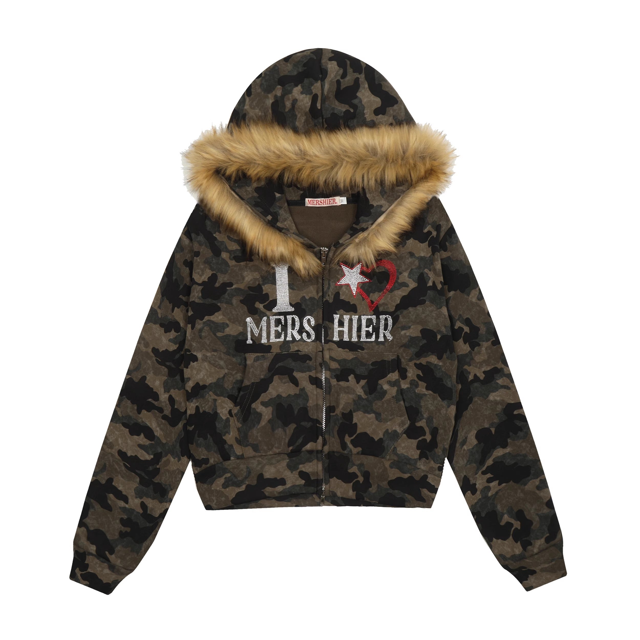 Fur Collar Camouflage Rhinestone Cropped Hoodie Parka MW10302
