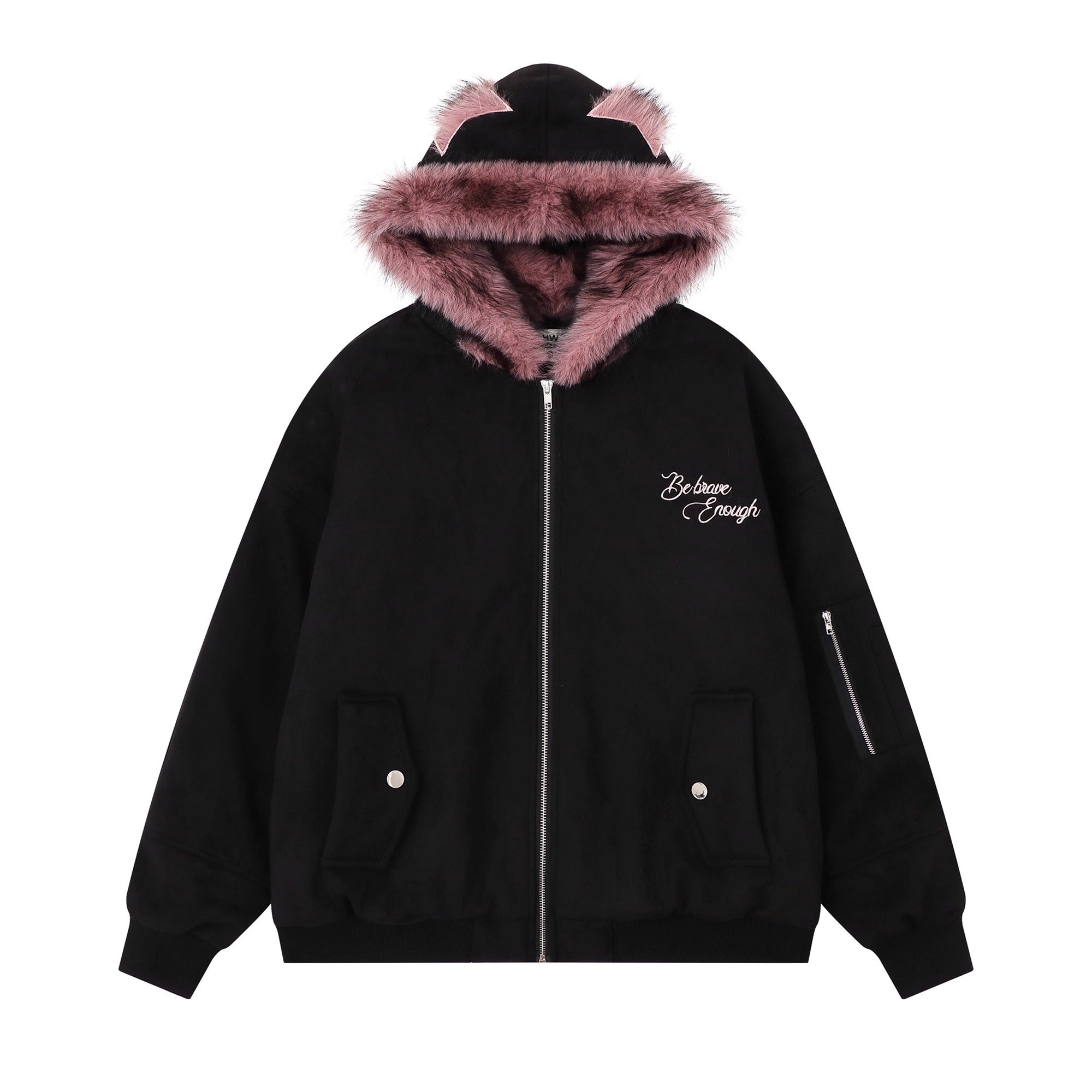 Letter Embroidery Carving Fur Collar Hooded Jacket MW10294