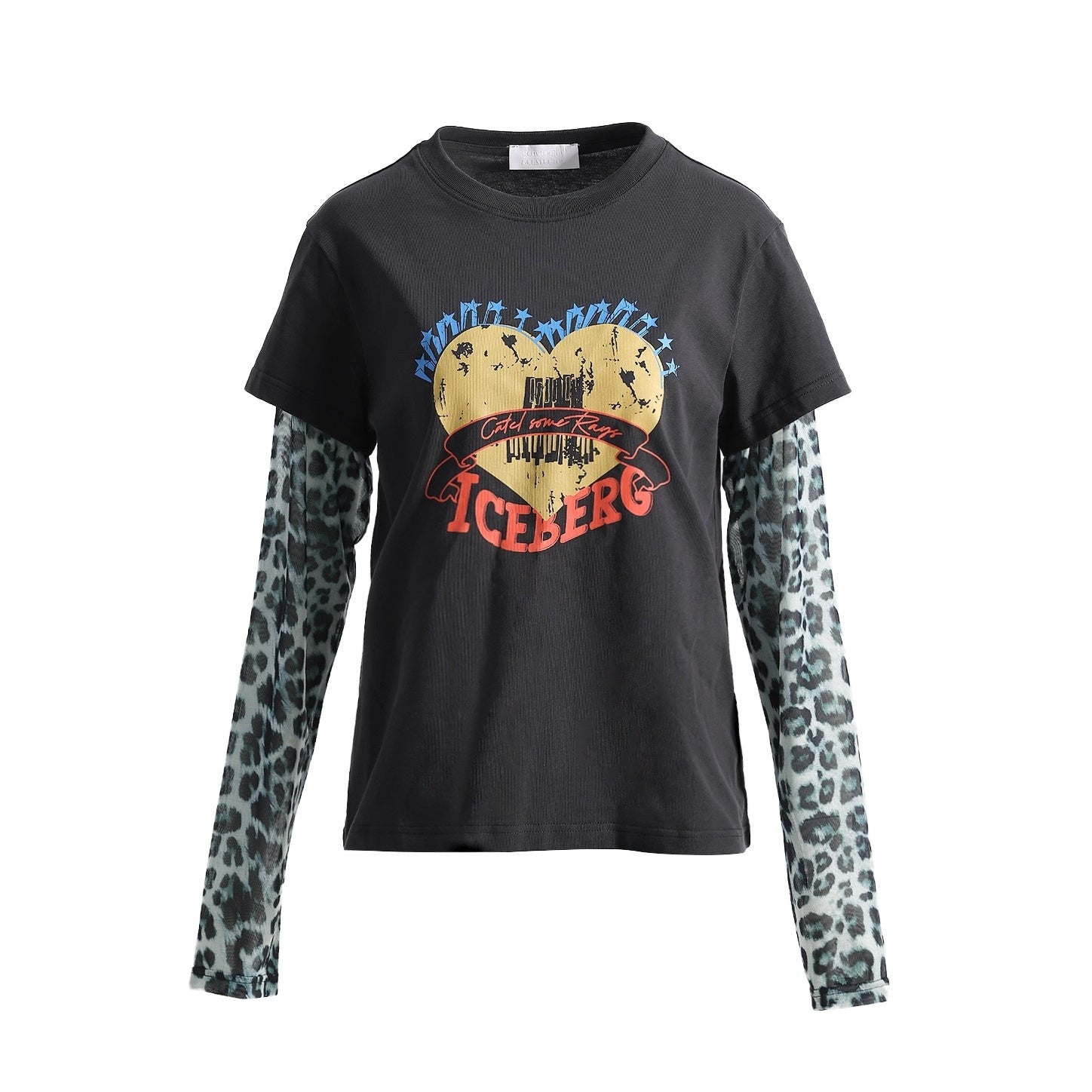 Leopard Print Stitched Fake Layered Long Sleeve T-Shirt AC7140