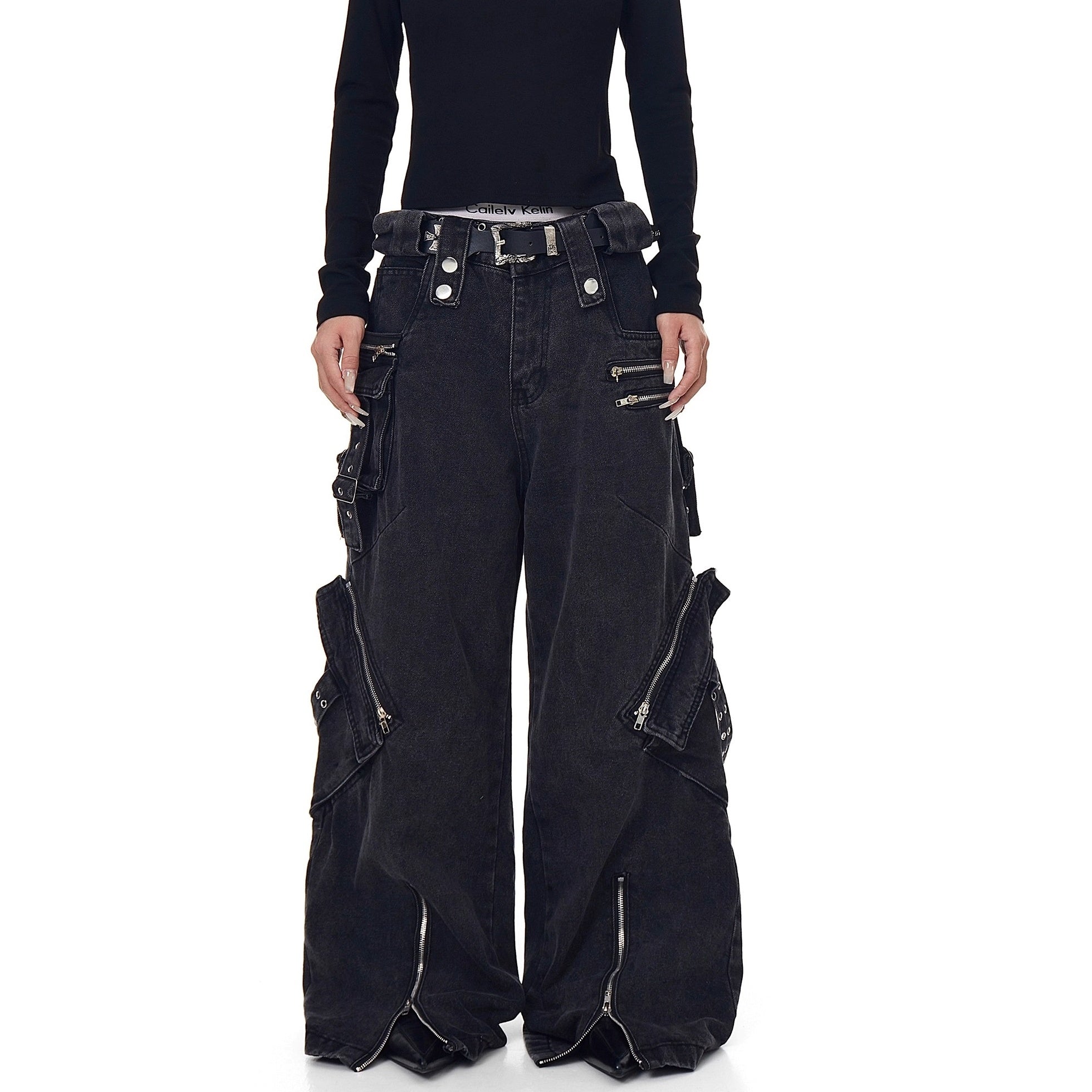 Heavy Washed Zipper Design Cargo Jeans BK7023