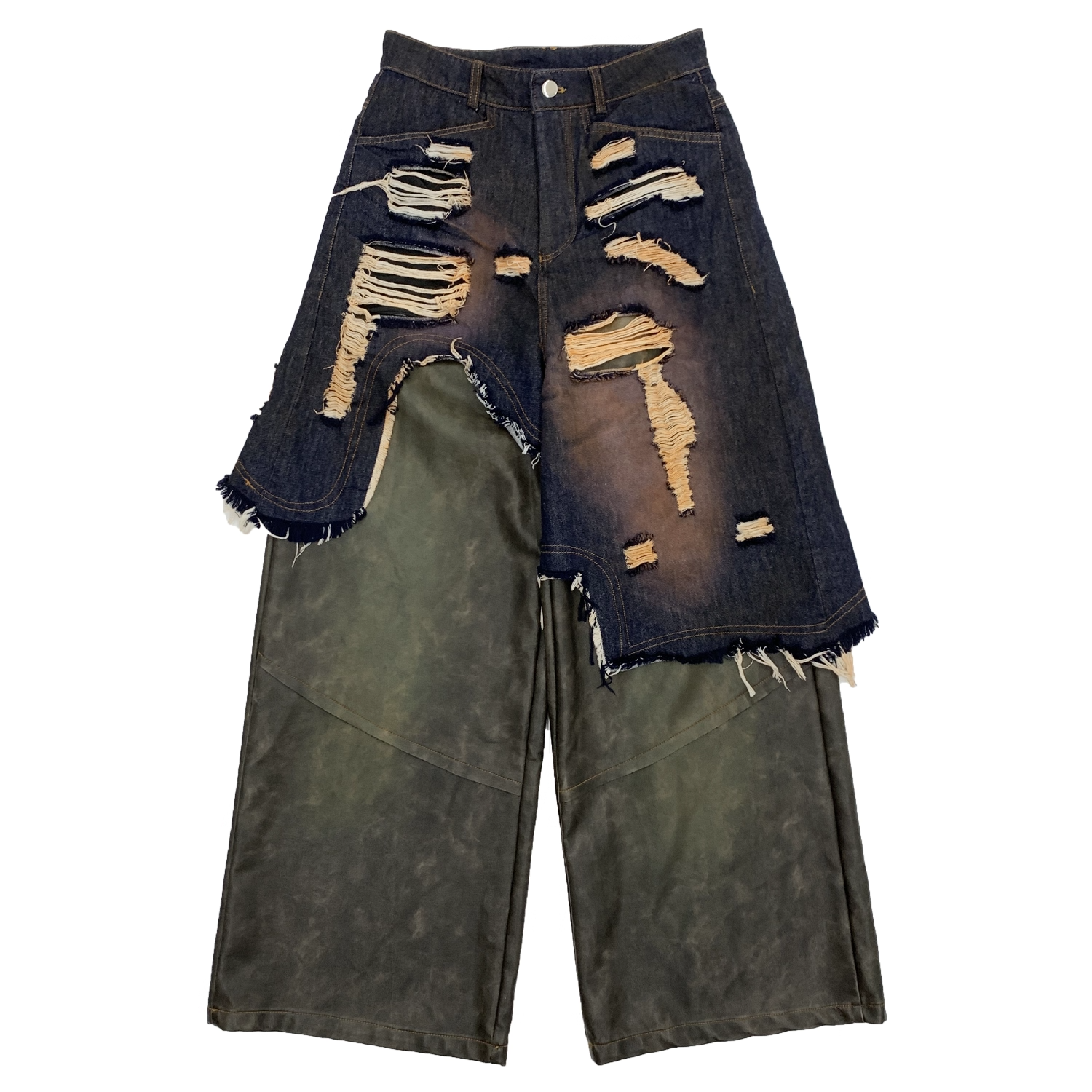 Wide-leg Spliced Leather Denim Pants MN9028