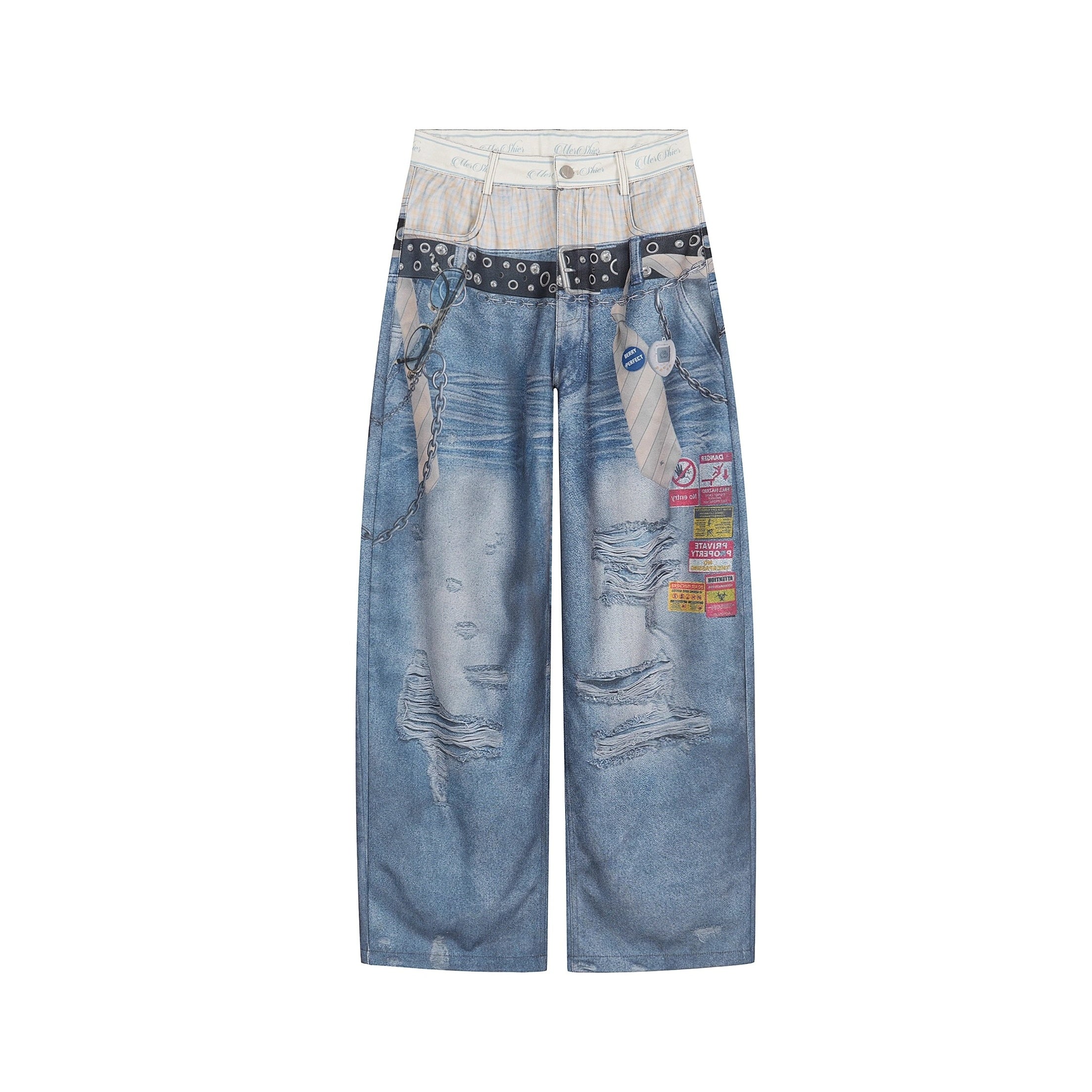 3D Belt Chain Print Double-Waist Jeans BK7020