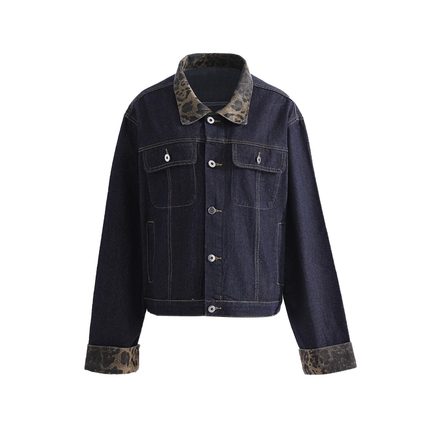 Leopard Collar Stitched Denim Jacket AC7154