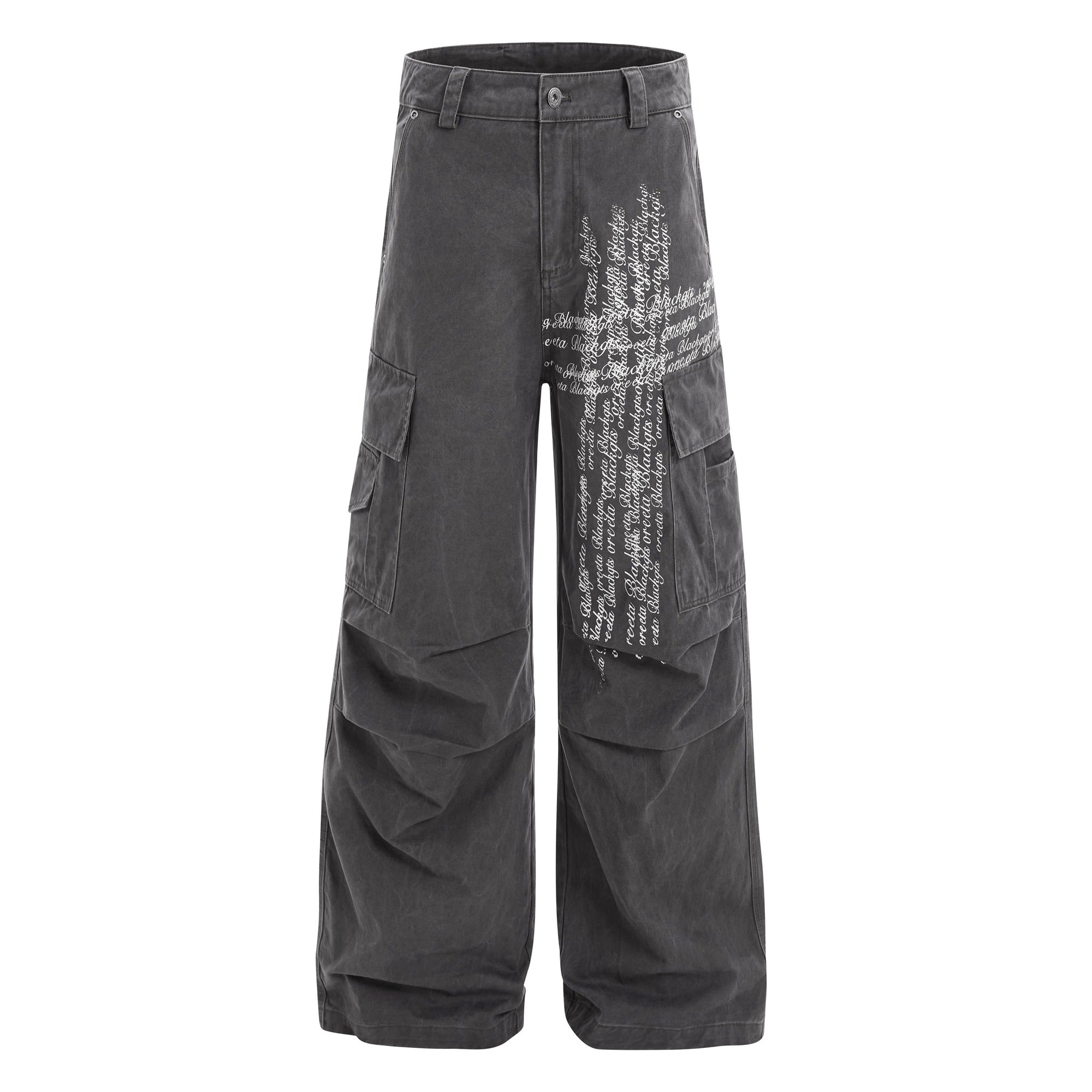 Washed Pleated Letter Print Cargo Pants BK7013