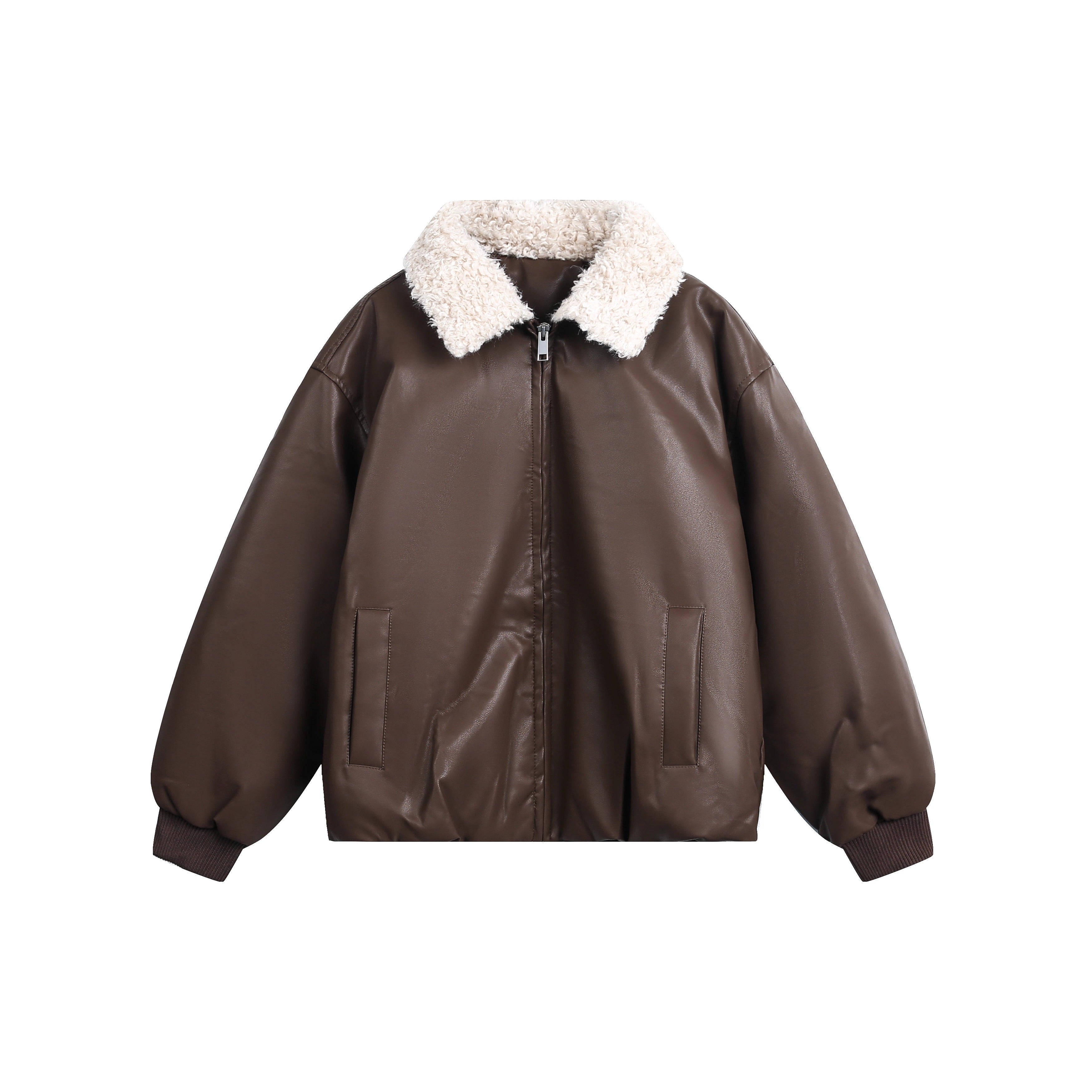 Contrast Lapel PU Leather Jacket EZ255