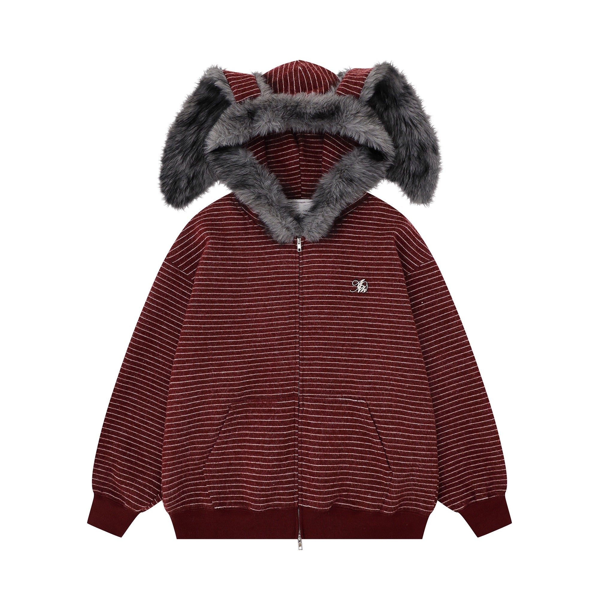 Fur Collar Rabbit Ear Border Zip Hooded Parka MW10293