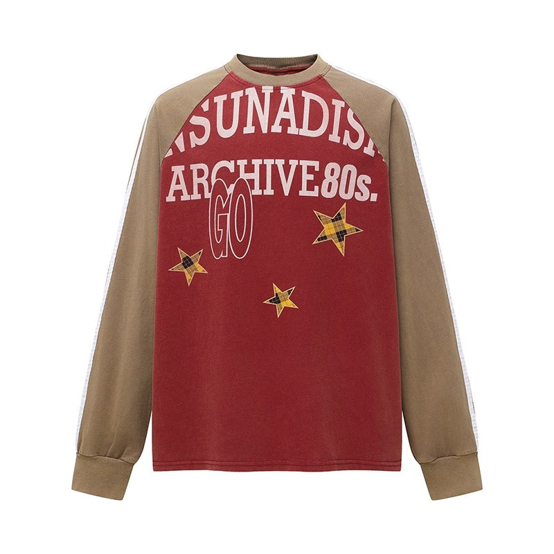Retro Washed  Raglan Long Sleeve Print T-shirt MW10250