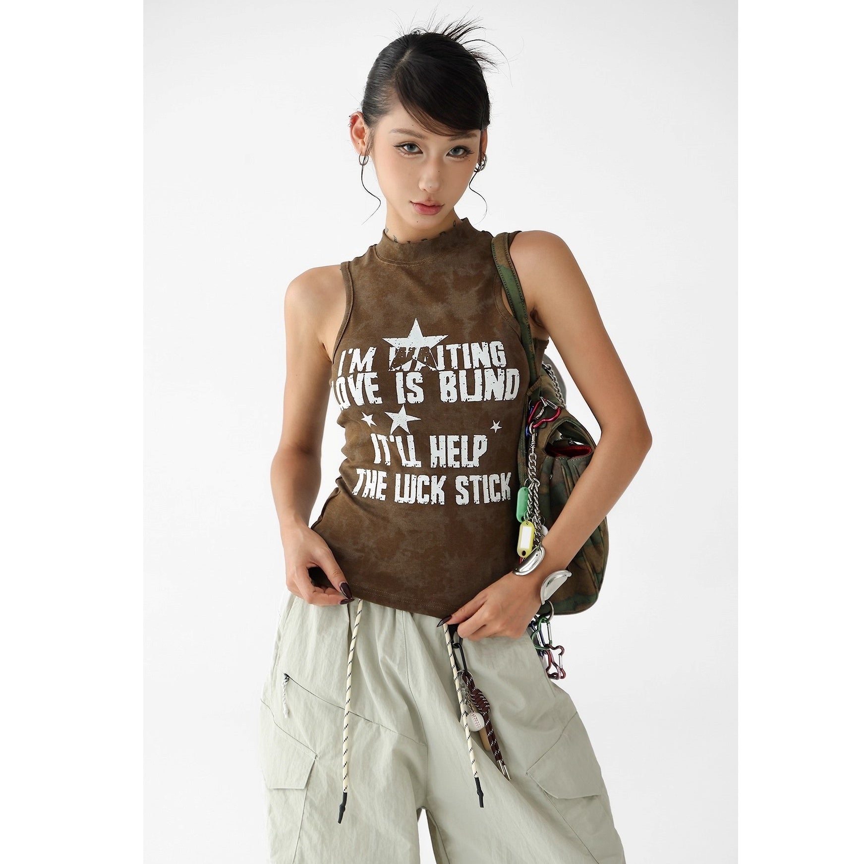 Letter Print Camouflage Stretch Sleeveless Top AC7117