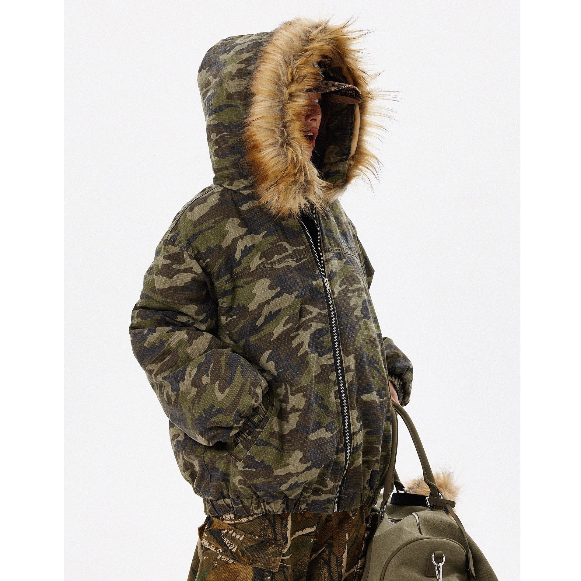 Retro Camouflage Fur Collar Hooded Jacket TP9004