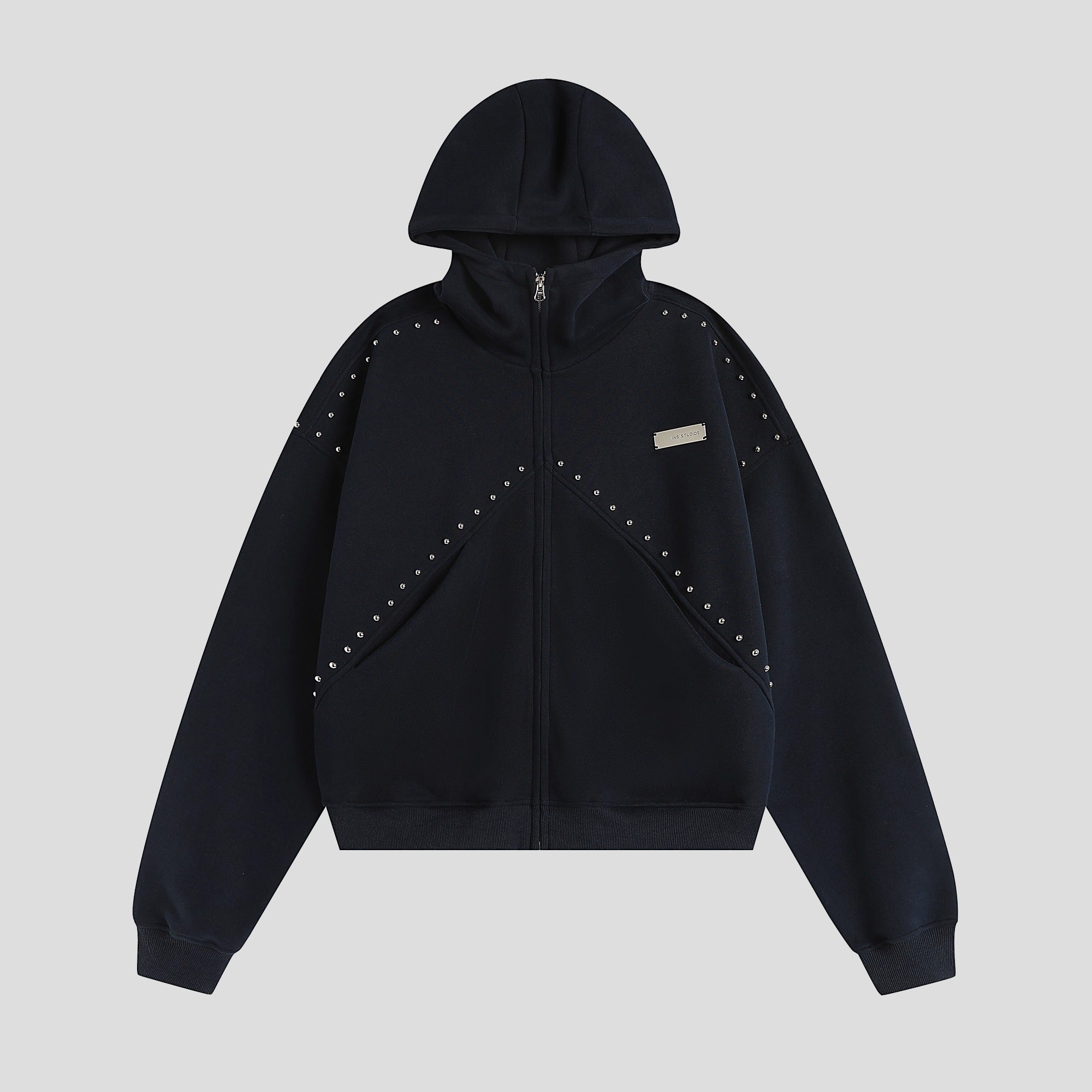 Stitched Rivet Zipper Hooded Jacket IN7016