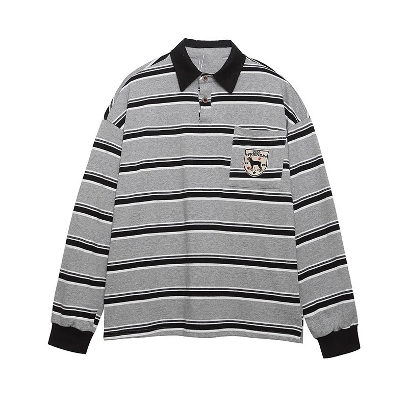 Preppy Style Border Long Sleeve Polo Shirt MW10251