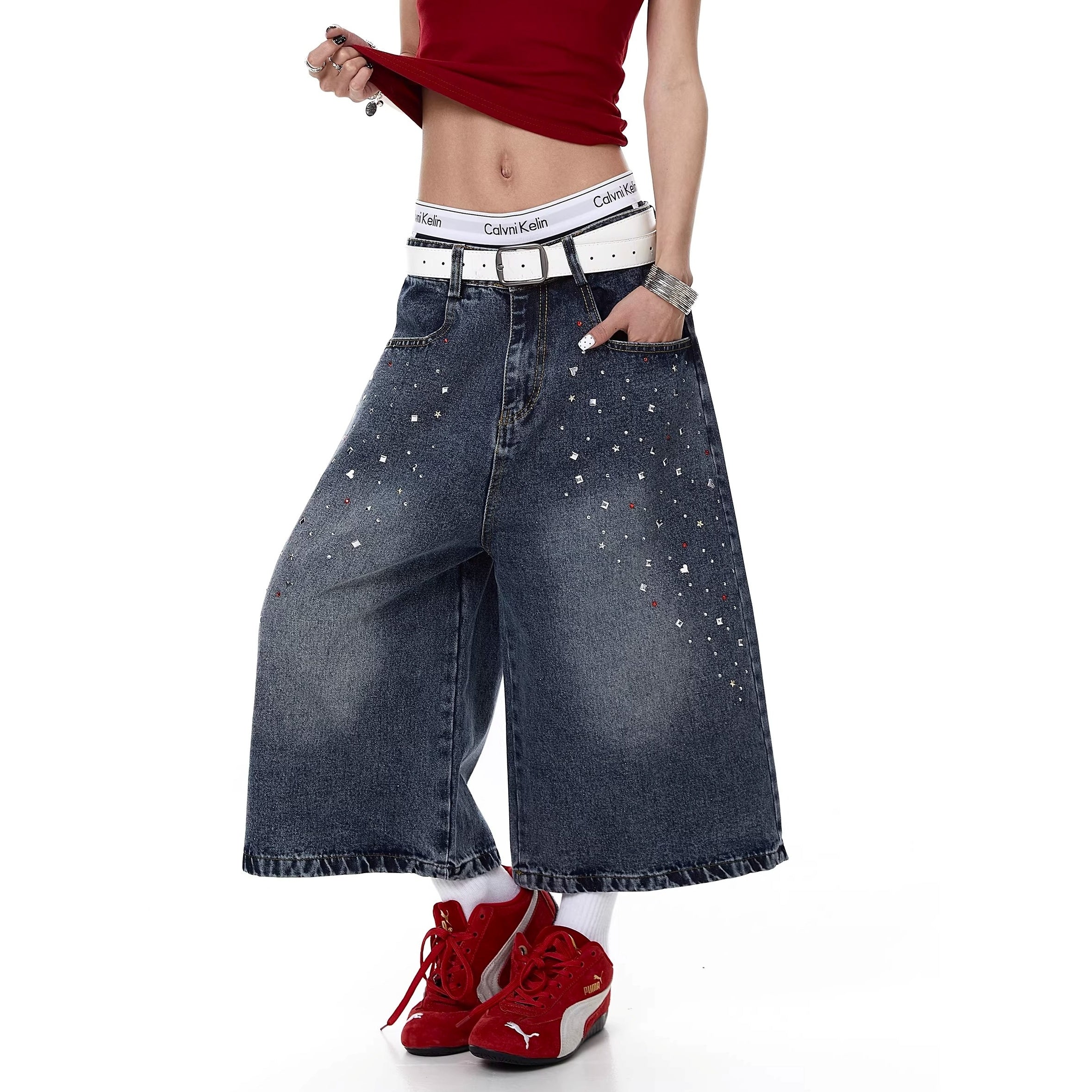 Rhinestone Washed Denim Cropped Pants MW10384