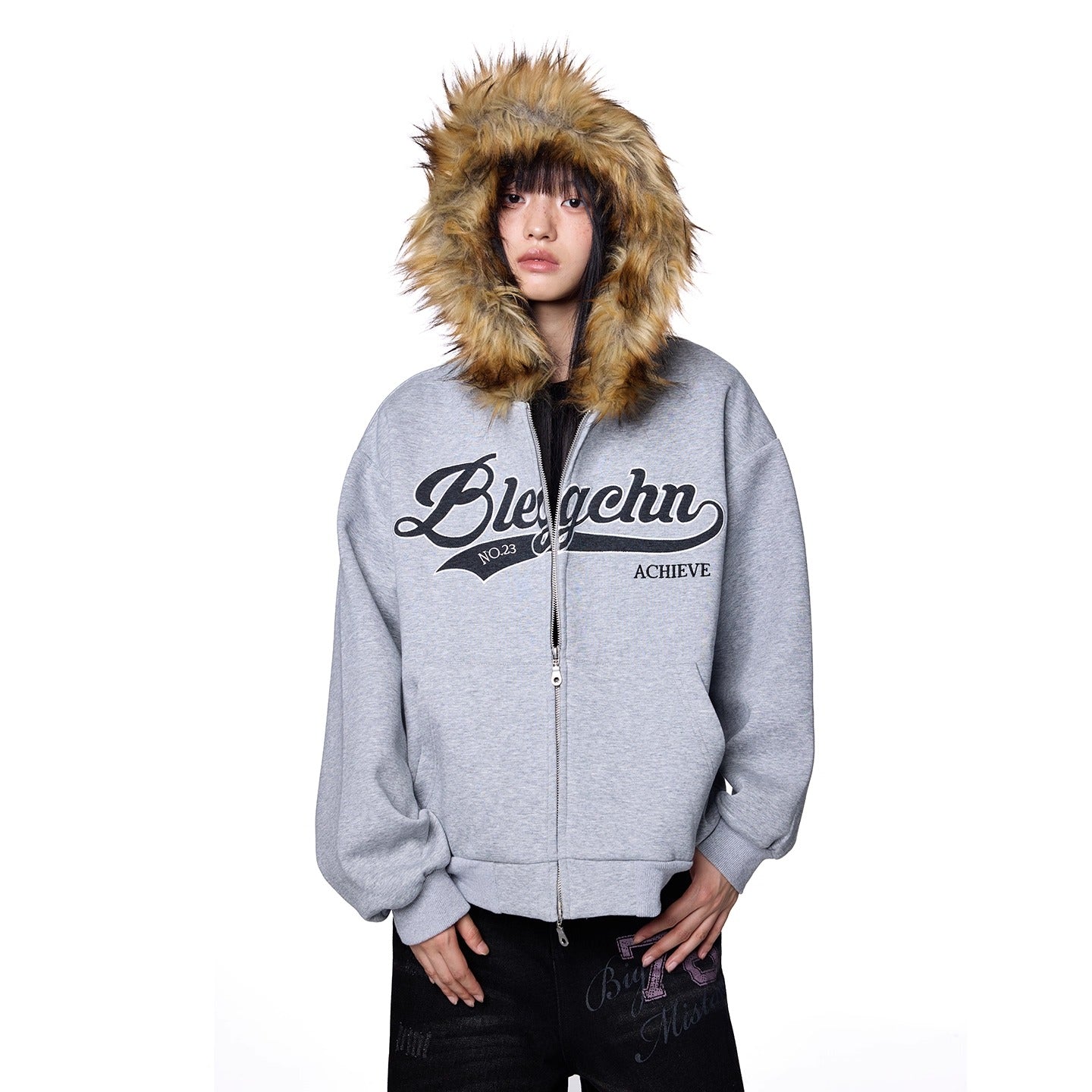 Monogram Embroidered Fur Collar Hooded Sweat Jacket EZ262