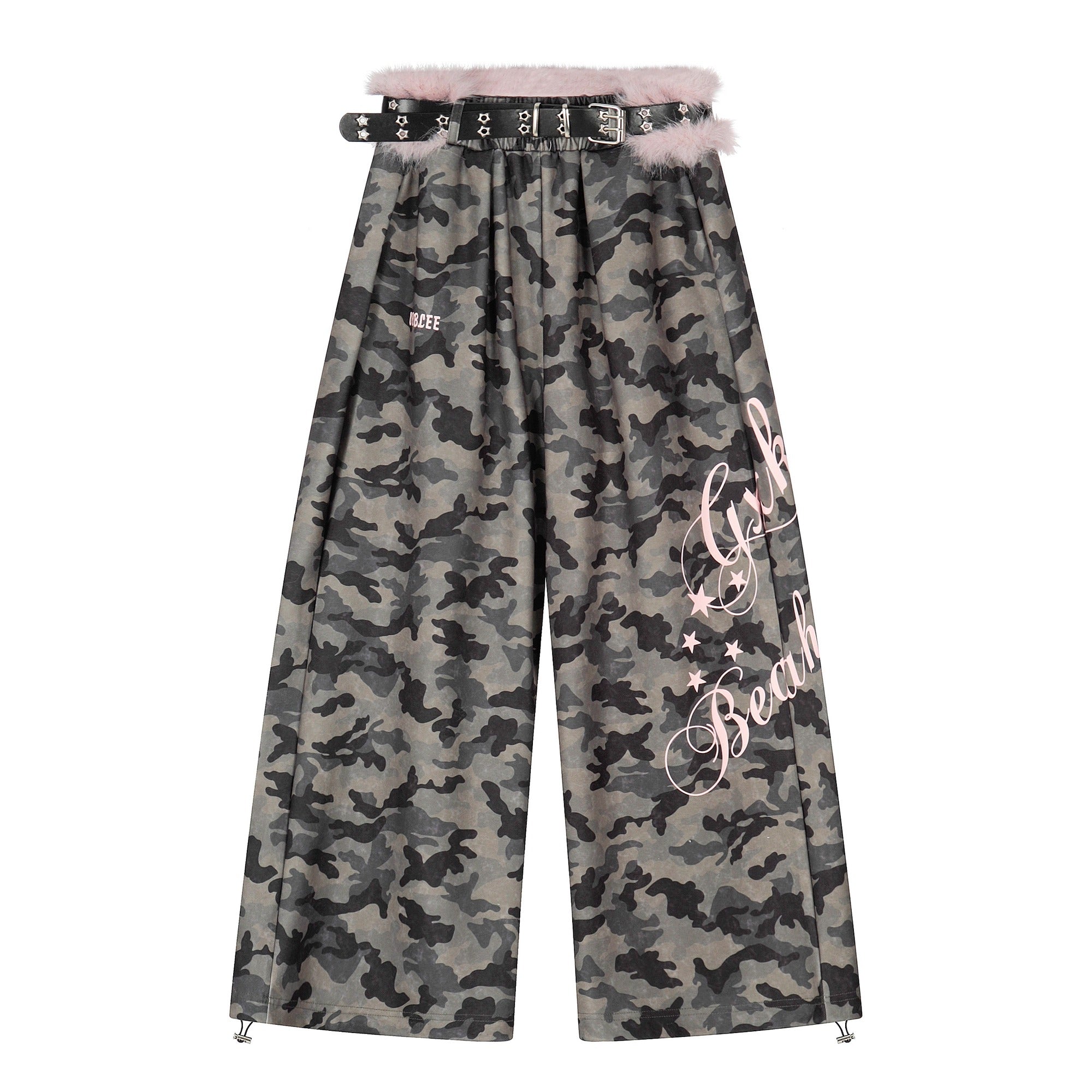 Letter Print Wide Sweat Pants With Fur Belt BK7026