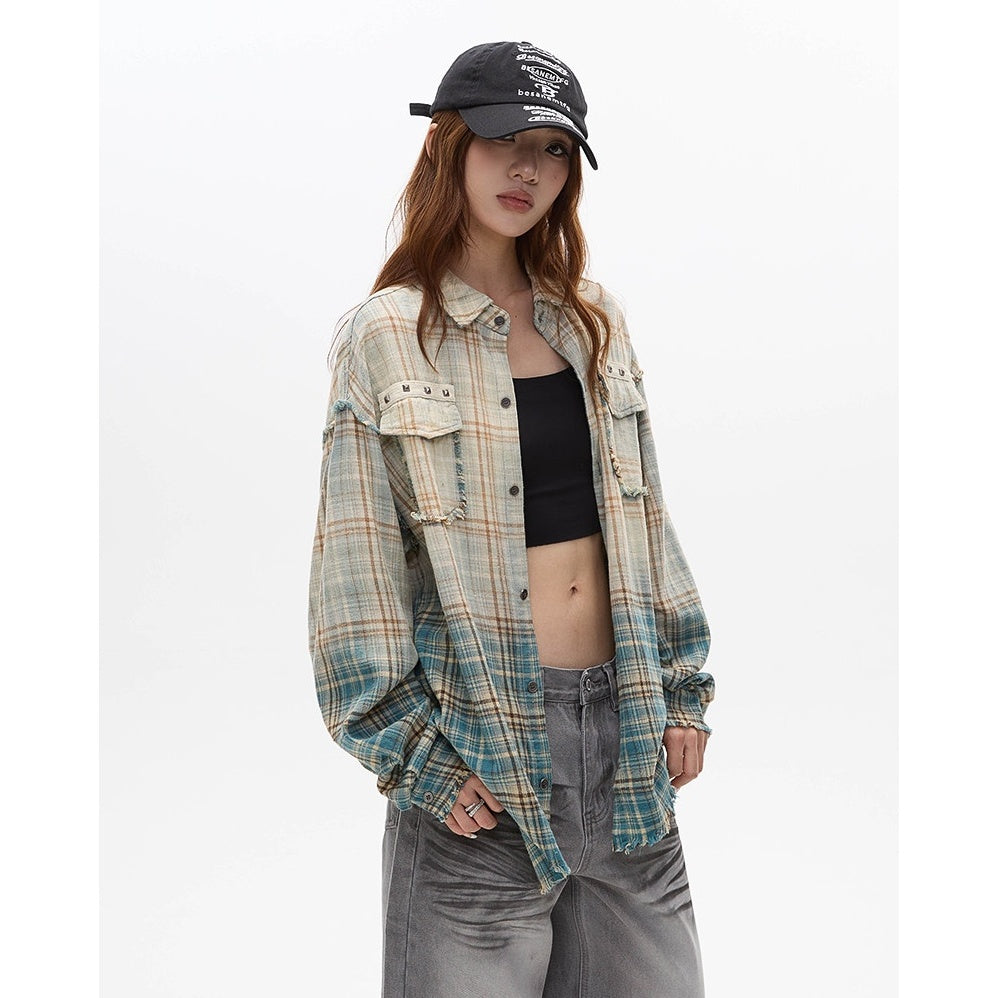 Washed Gradation Raw Plaid Shirt MW10323
