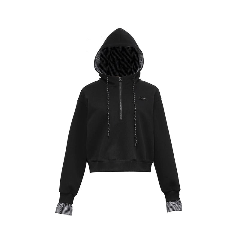 Plaid Spliced Half-zip Short Hoodie MW10263