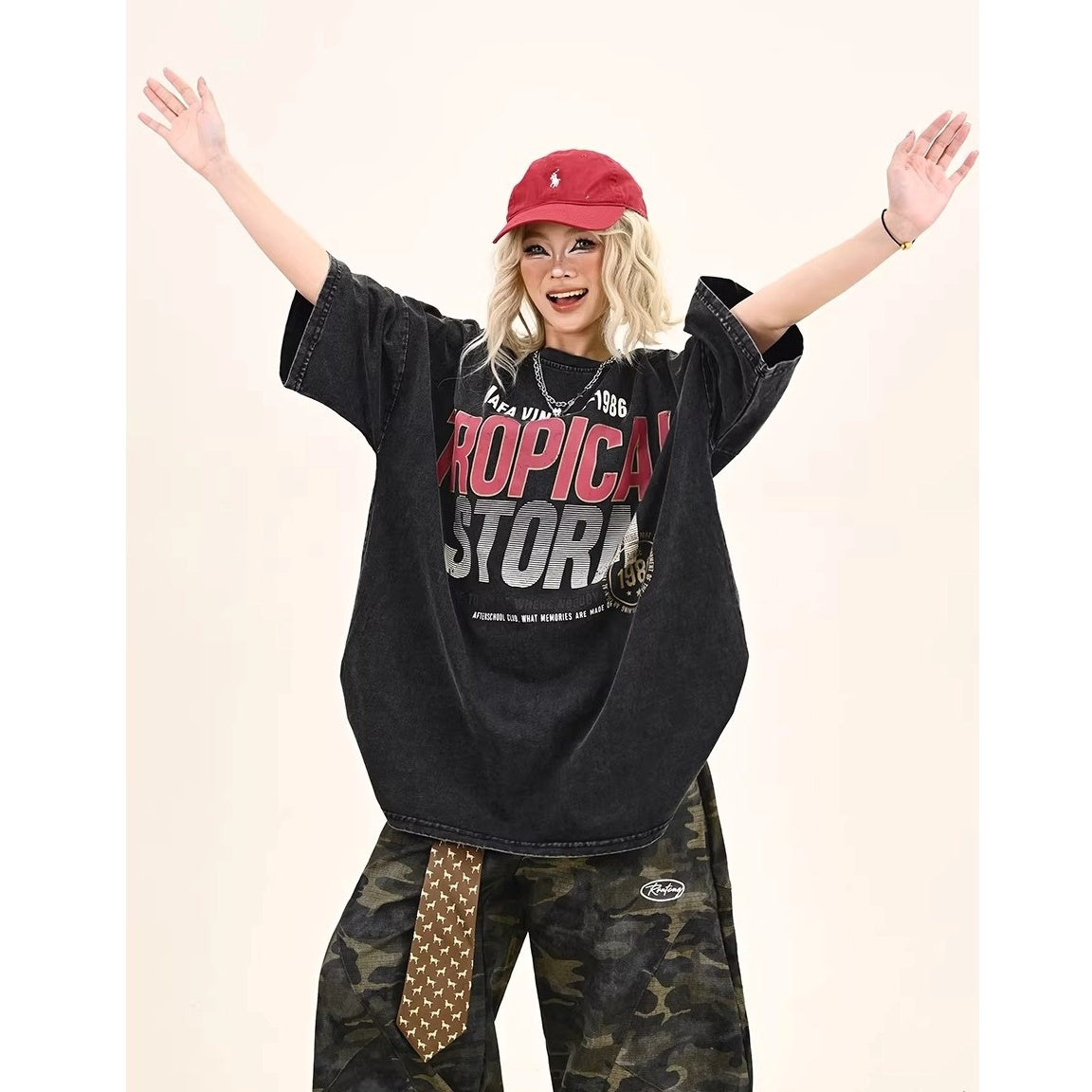 Washed Letter Print Over Size T-shirt MW10372