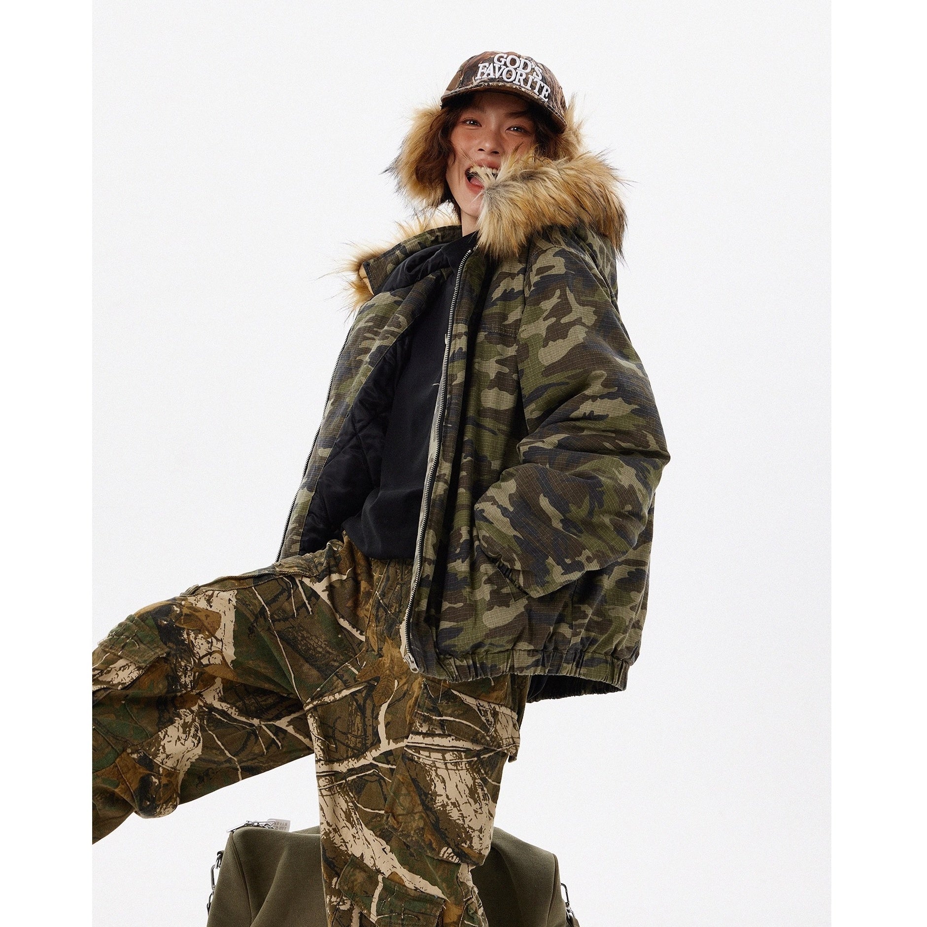 Retro Camouflage Fur Collar Hooded Jacket TP9004