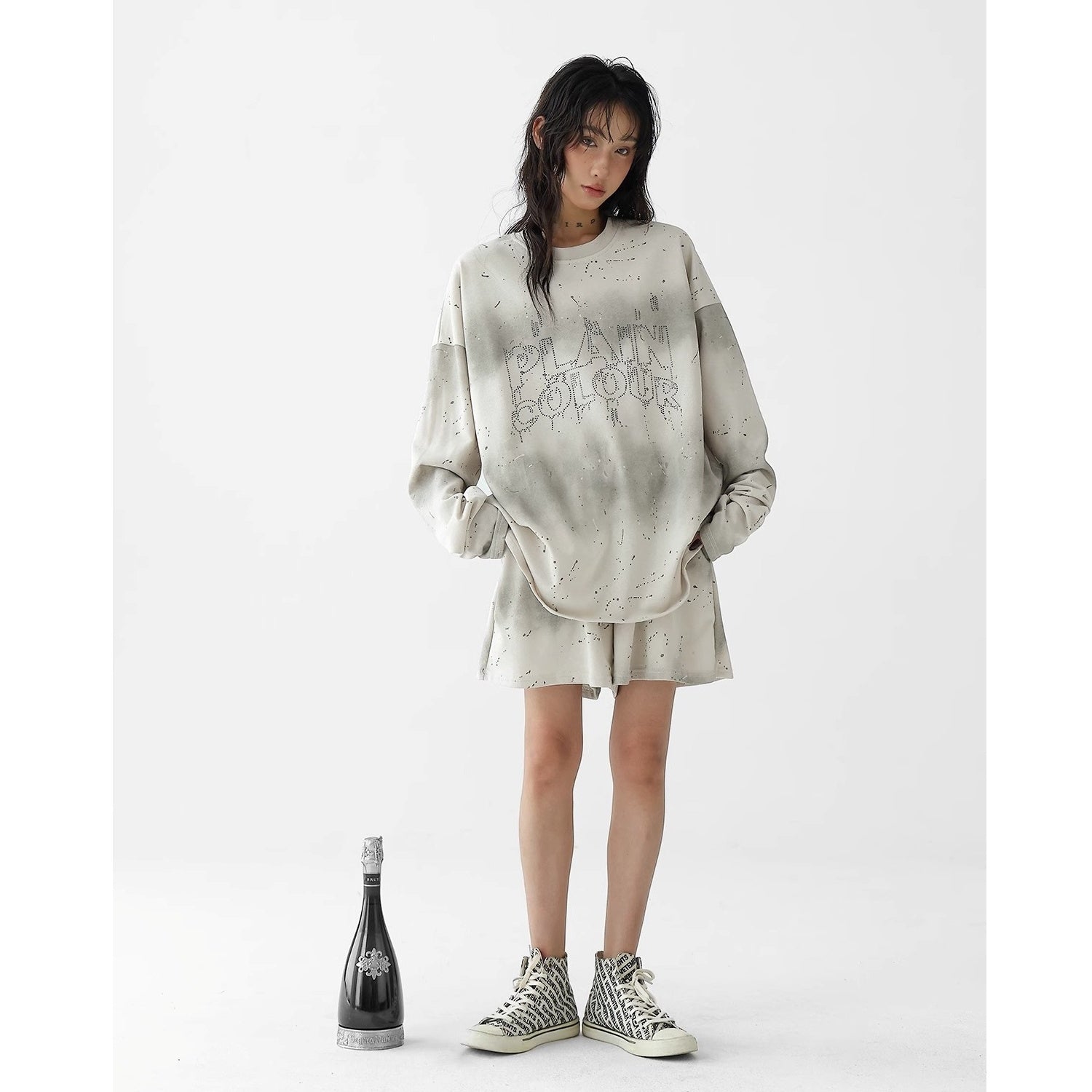 【上下別売り】2Length Rhinestone Tie-Dye T-Shirt & Loose Sweatpants Set-up AC7114