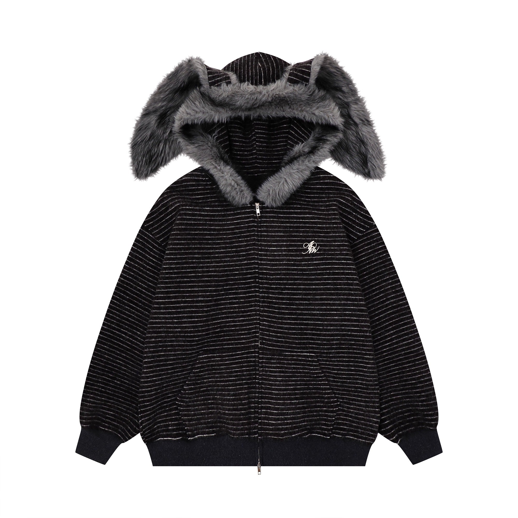 Fur Collar Rabbit Ear Border Zip Hooded Parka MW10293