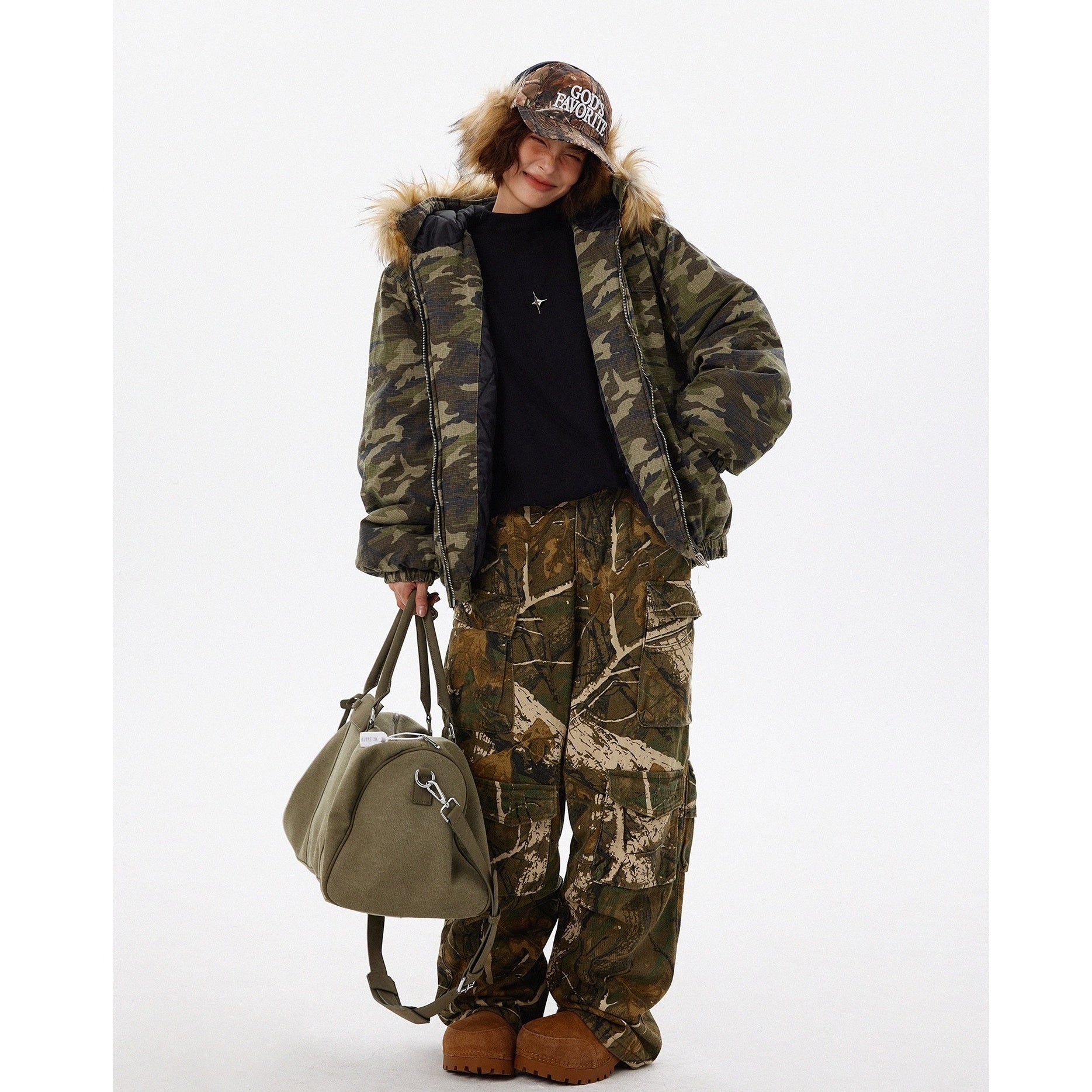 Retro Camouflage Fur Collar Hooded Jacket TP9004