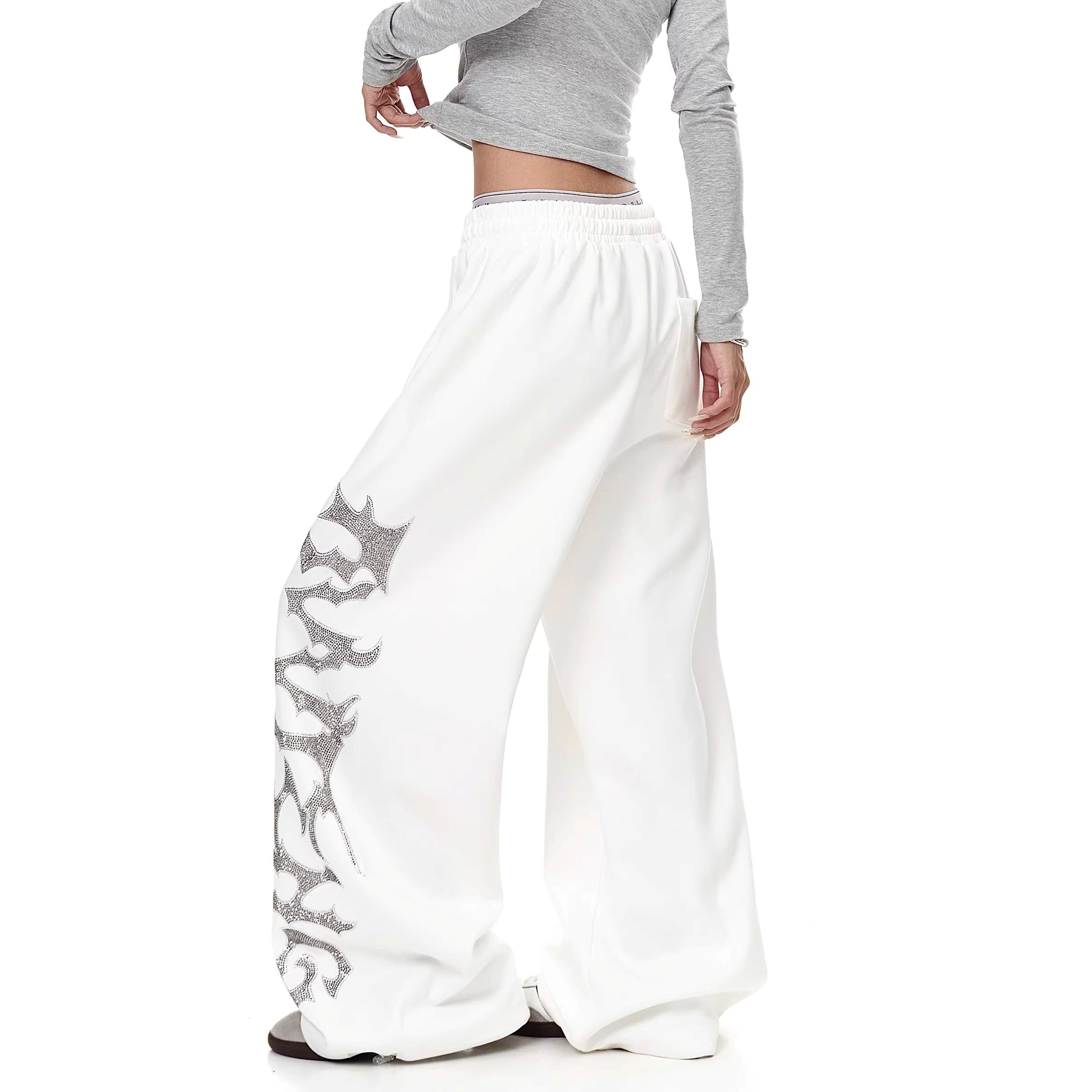 Rhinestone Letter Loose Wide-leg Sweat Pants MW10329