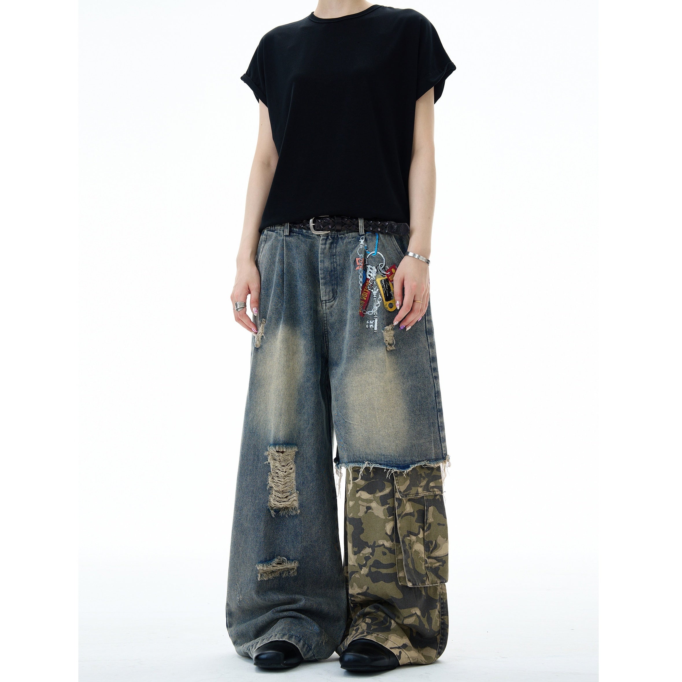 Camouflage Patchwork Loose Ripped Jeans MW10322