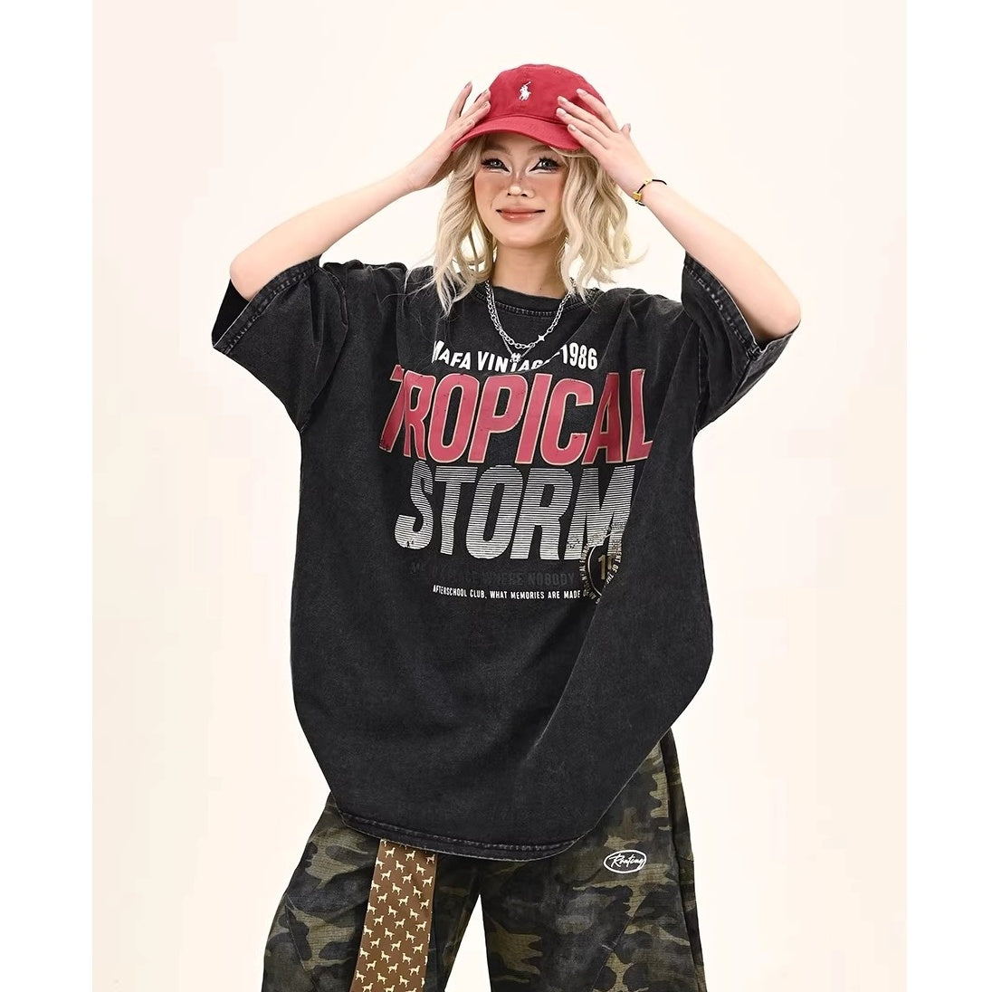 Washed Letter Print Over Size T-shirt MW10372