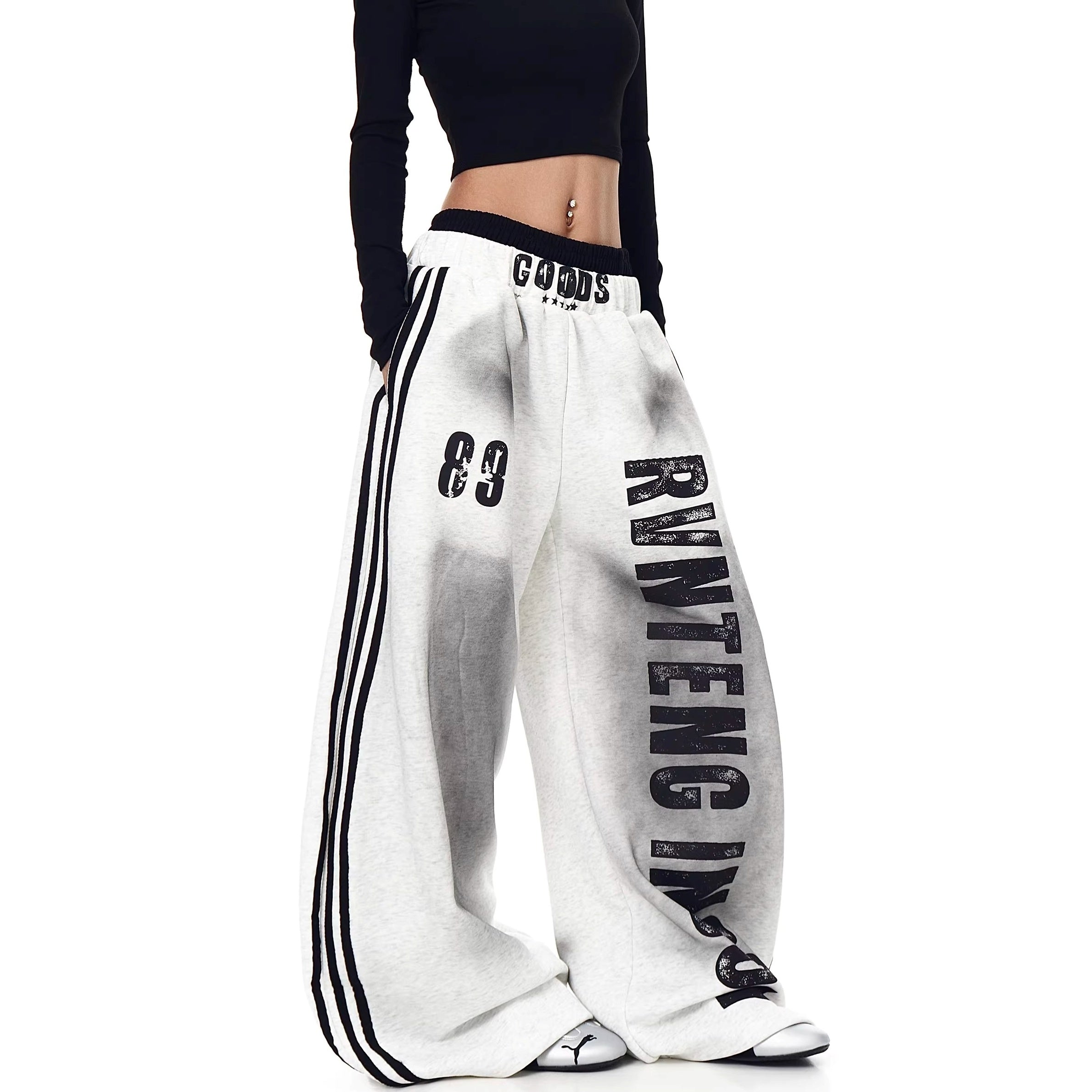 Double-waist Smuge Letter Printed Sweat Pants MW10385