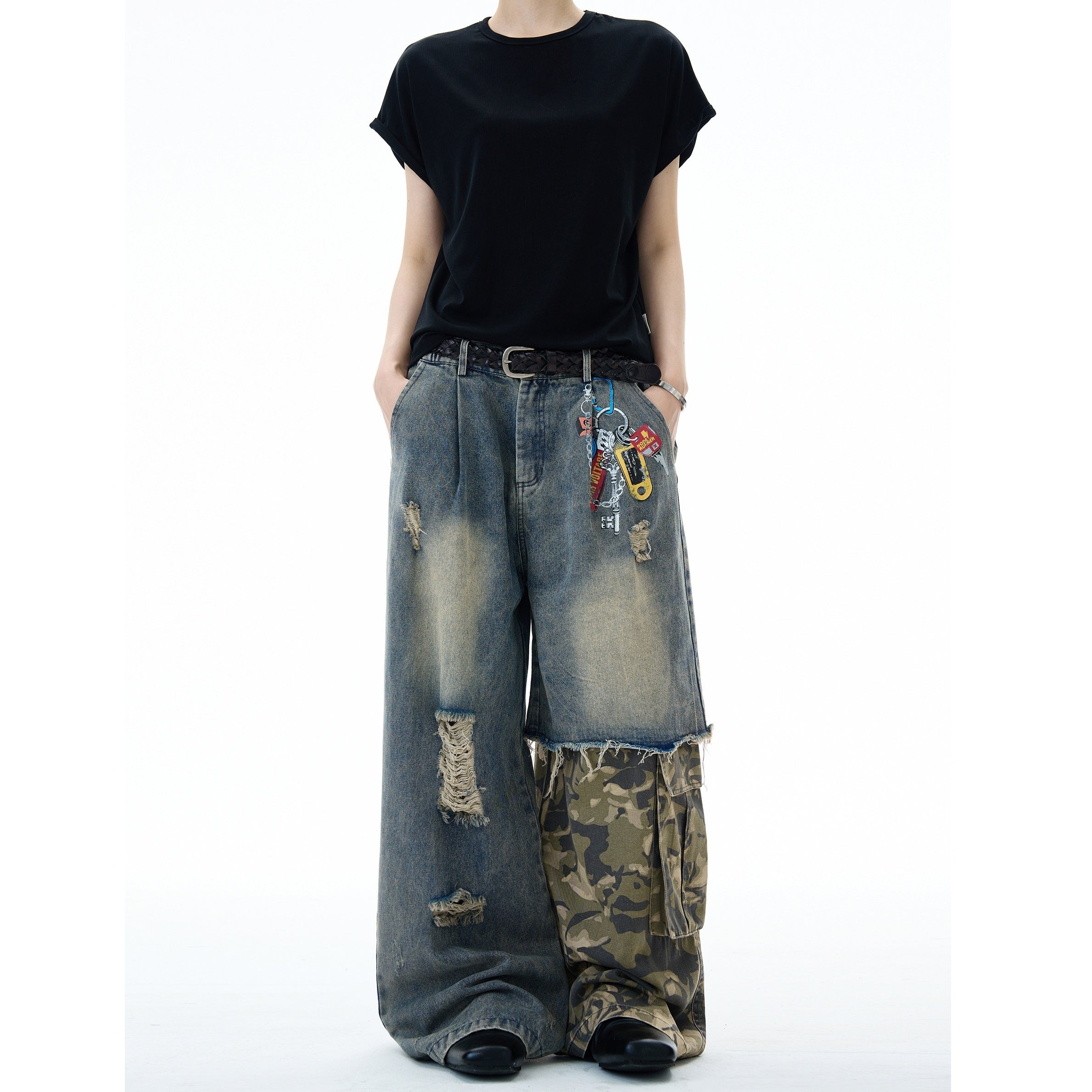 Camouflage Patchwork Loose Ripped Jeans MW10322