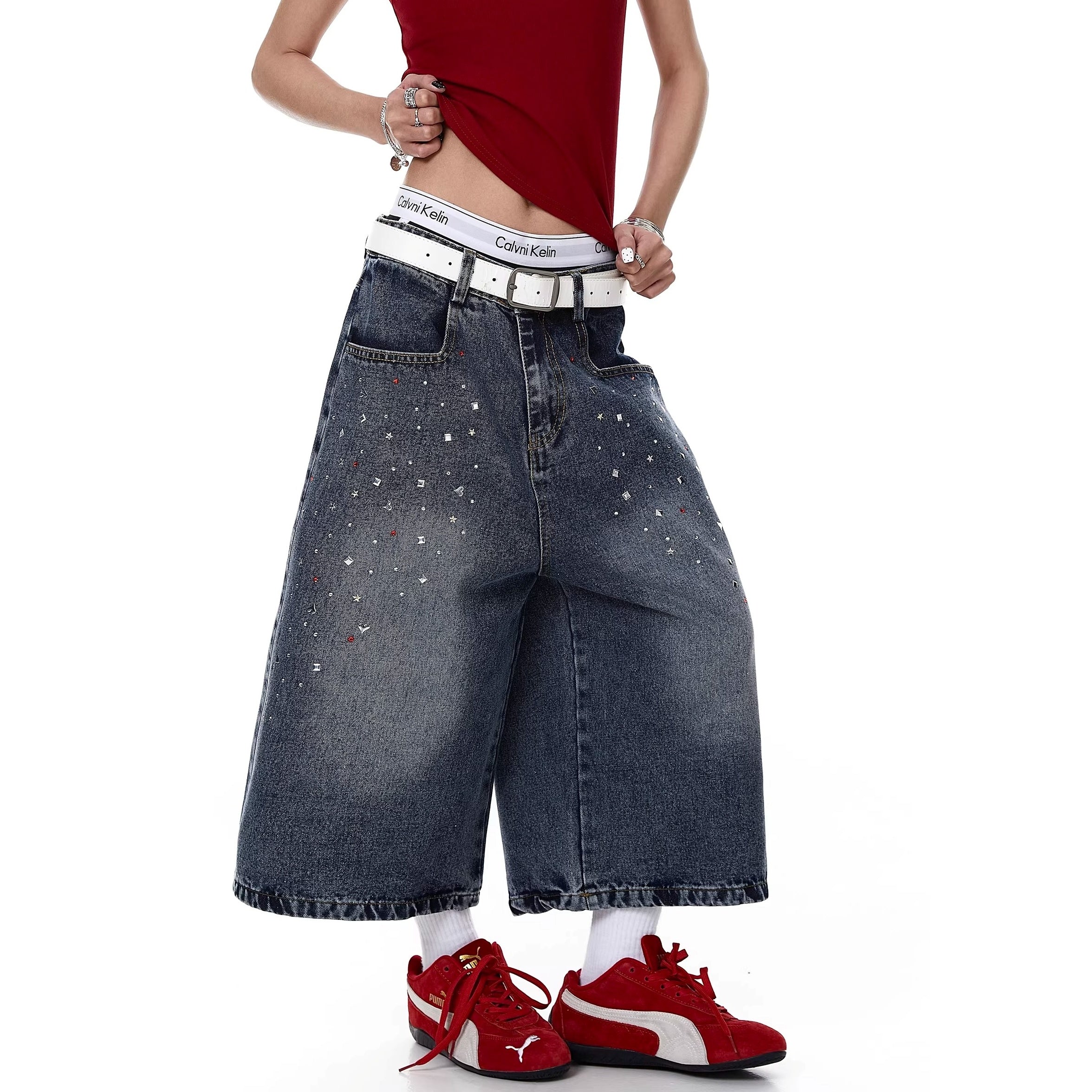 Rhinestone Washed Denim Cropped Pants MW10384