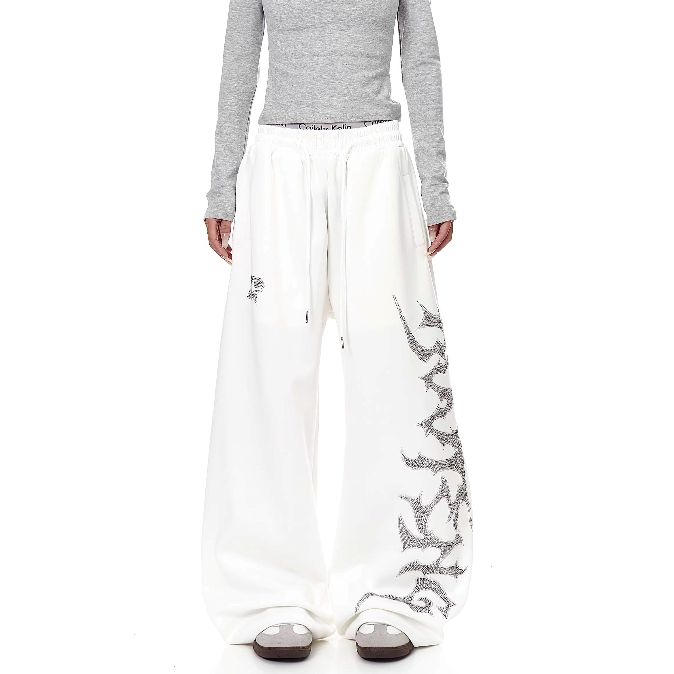 Rhinestone Letter Loose Wide-leg Sweat Pants MW10329