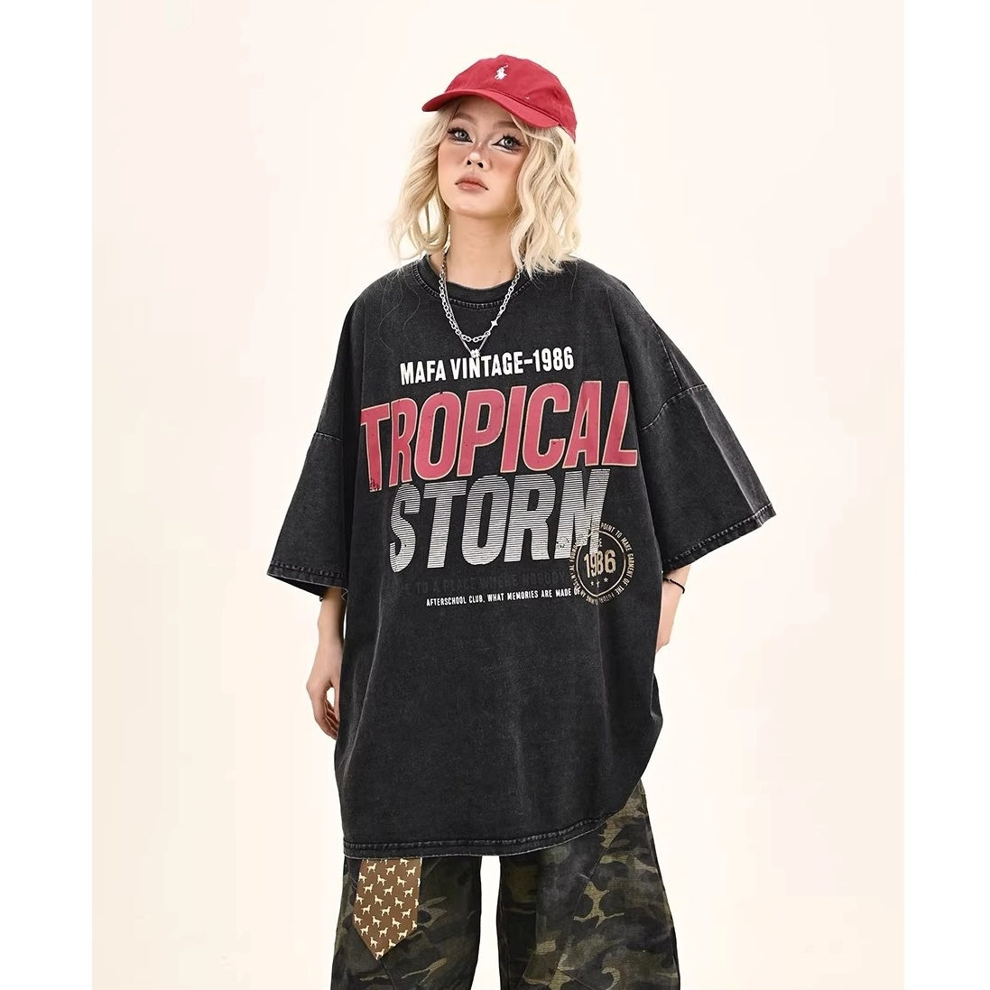 Washed Letter Print Over Size T-shirt MW10372