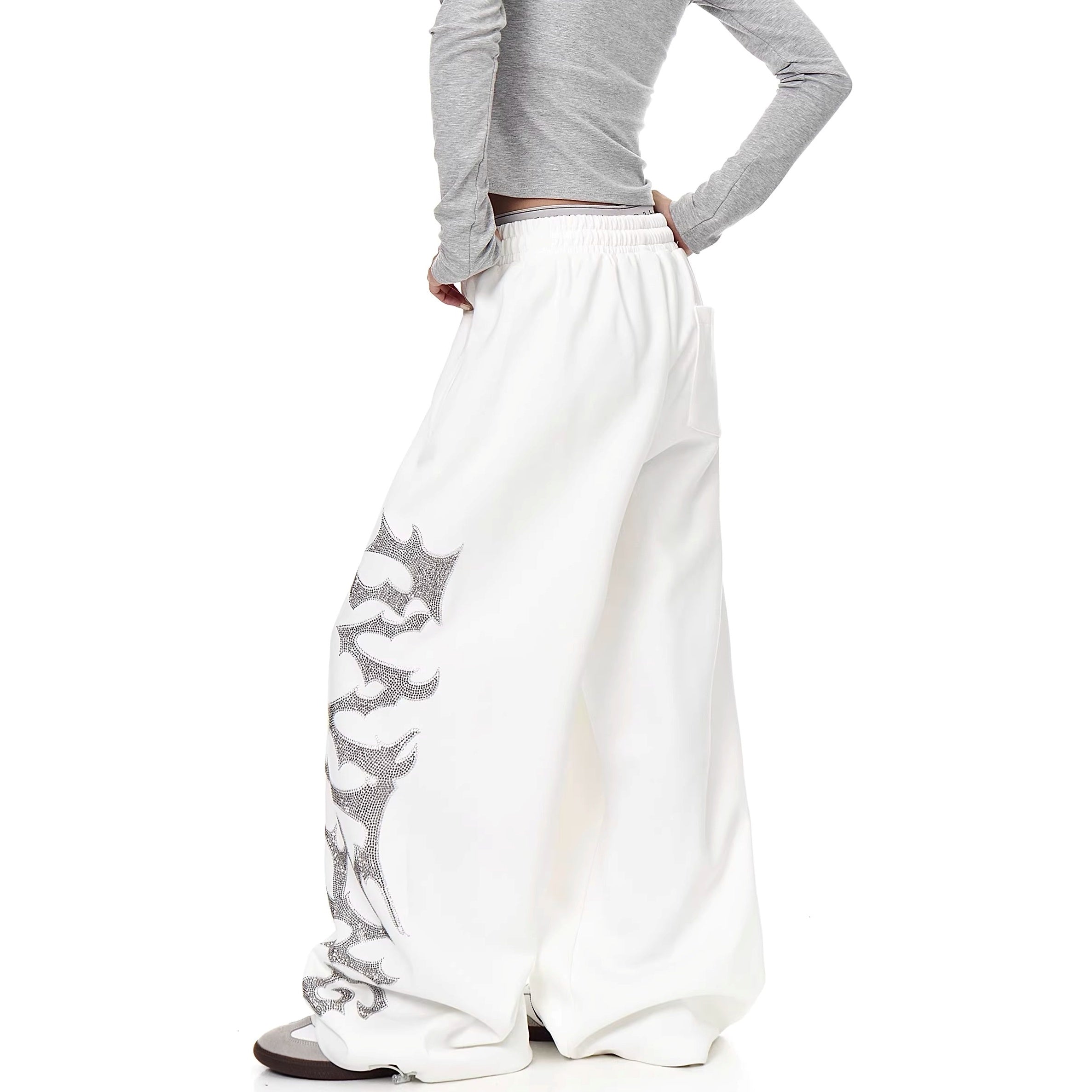 Rhinestone Letter Loose Wide-leg Sweat Pants MW10329