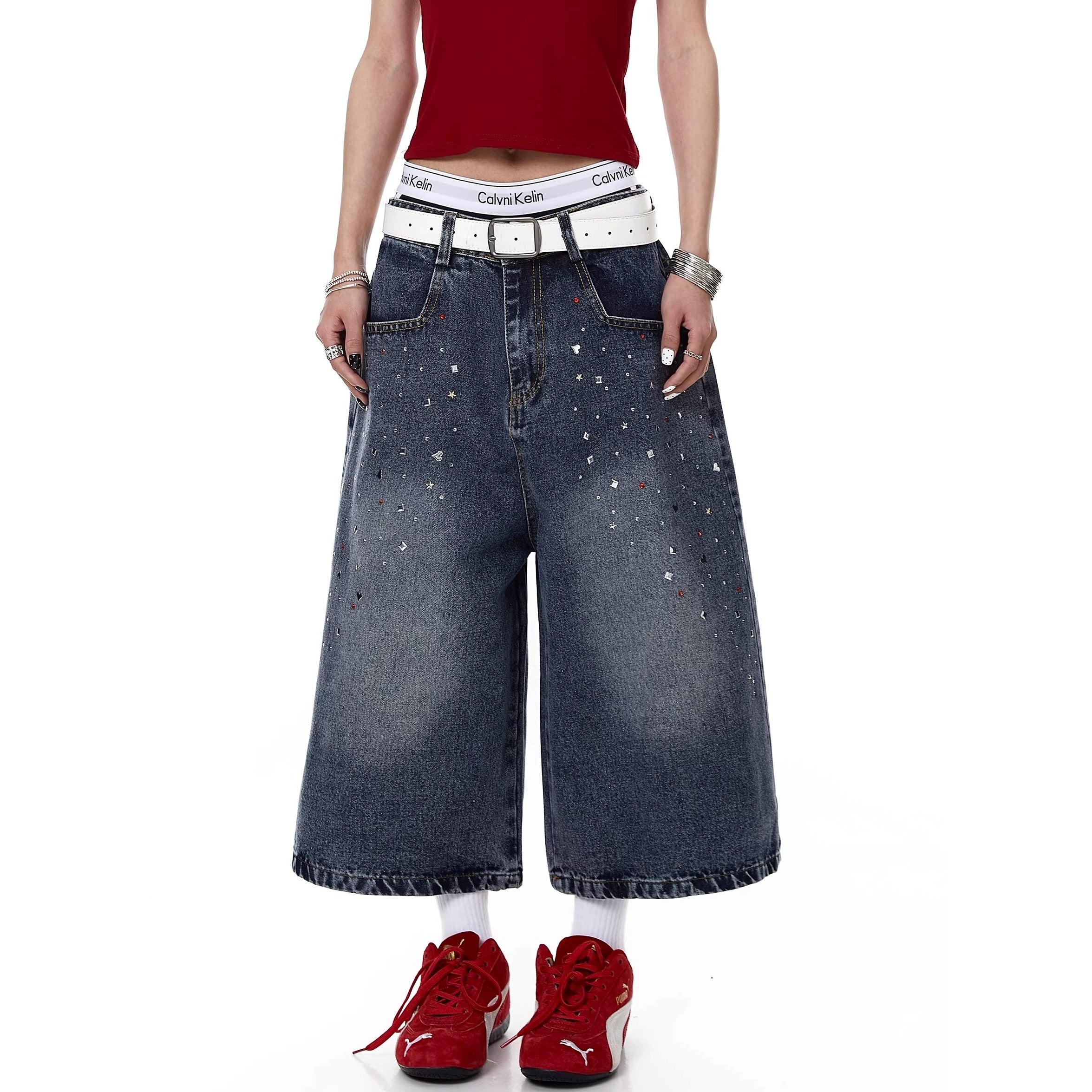 Rhinestone Washed Denim Cropped Pants MW10384