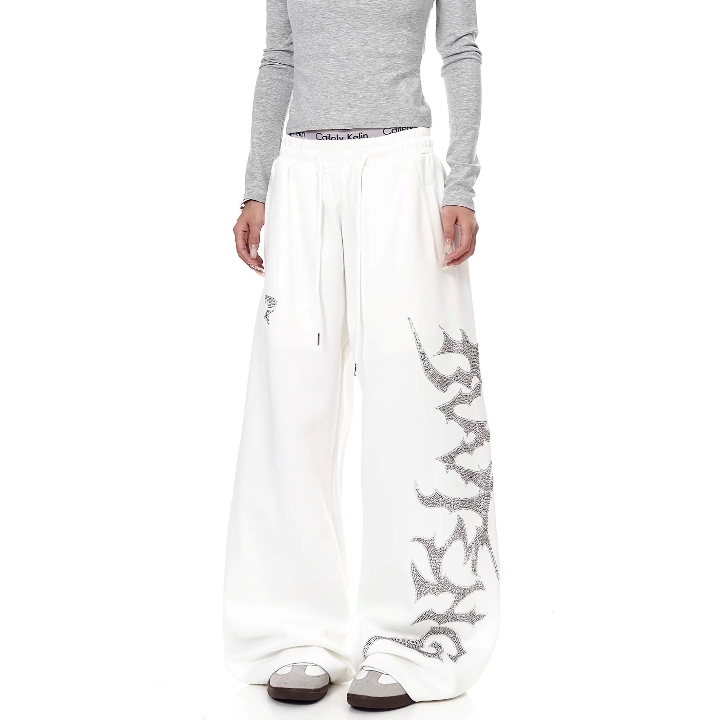 Rhinestone Letter Loose Wide-leg Sweat Pants MW10329