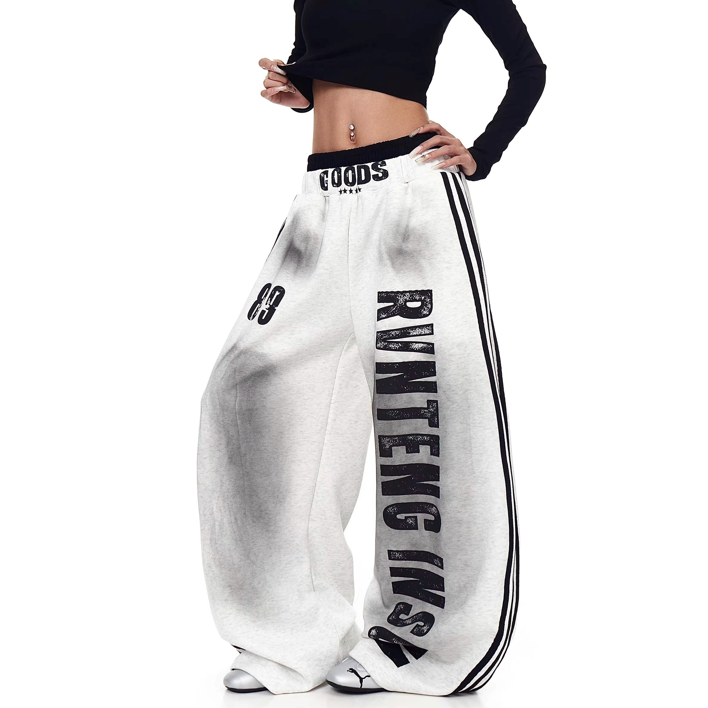 Double-waist Smuge Letter Printed Sweat Pants MW10385