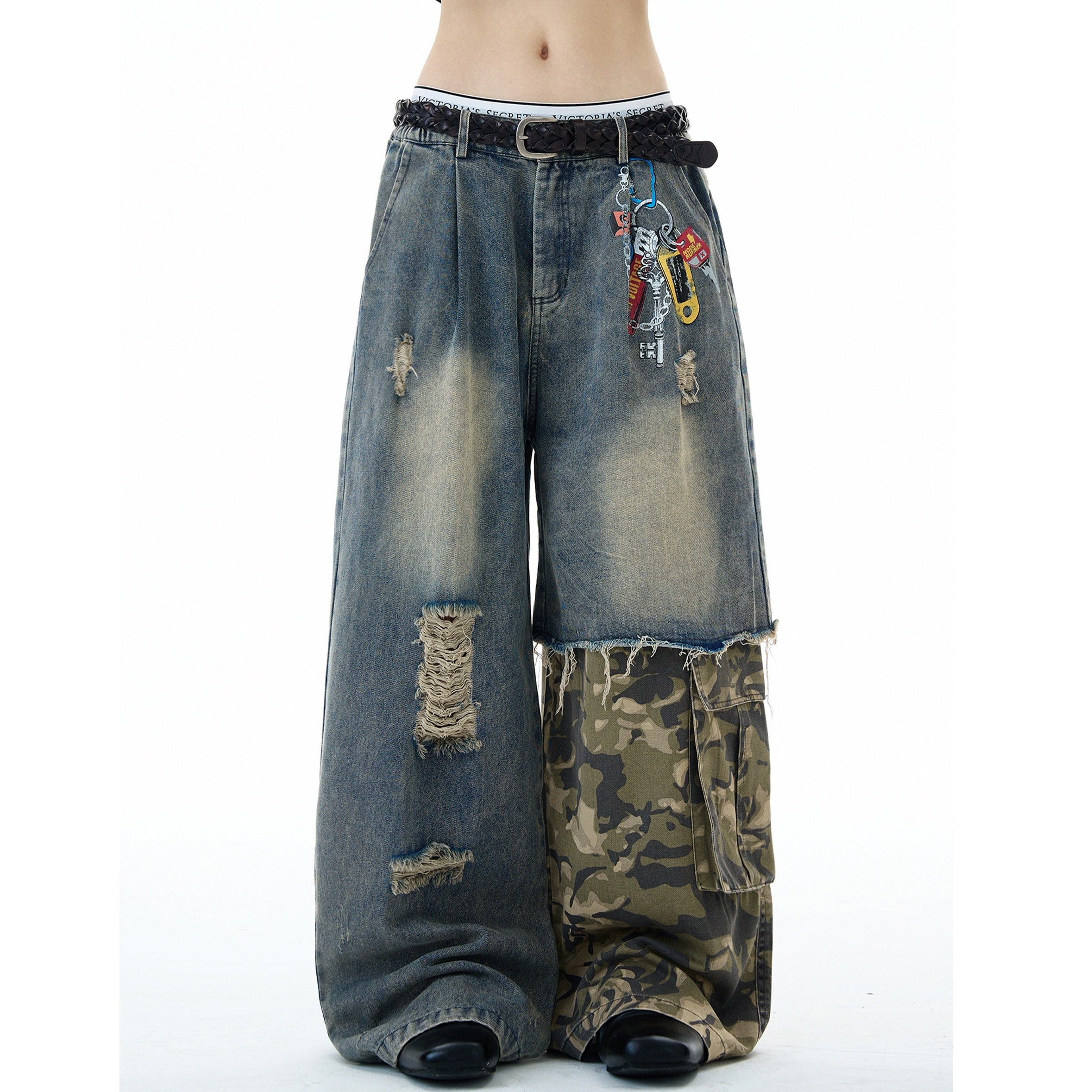 Camouflage Patchwork Loose Ripped Jeans MW10322