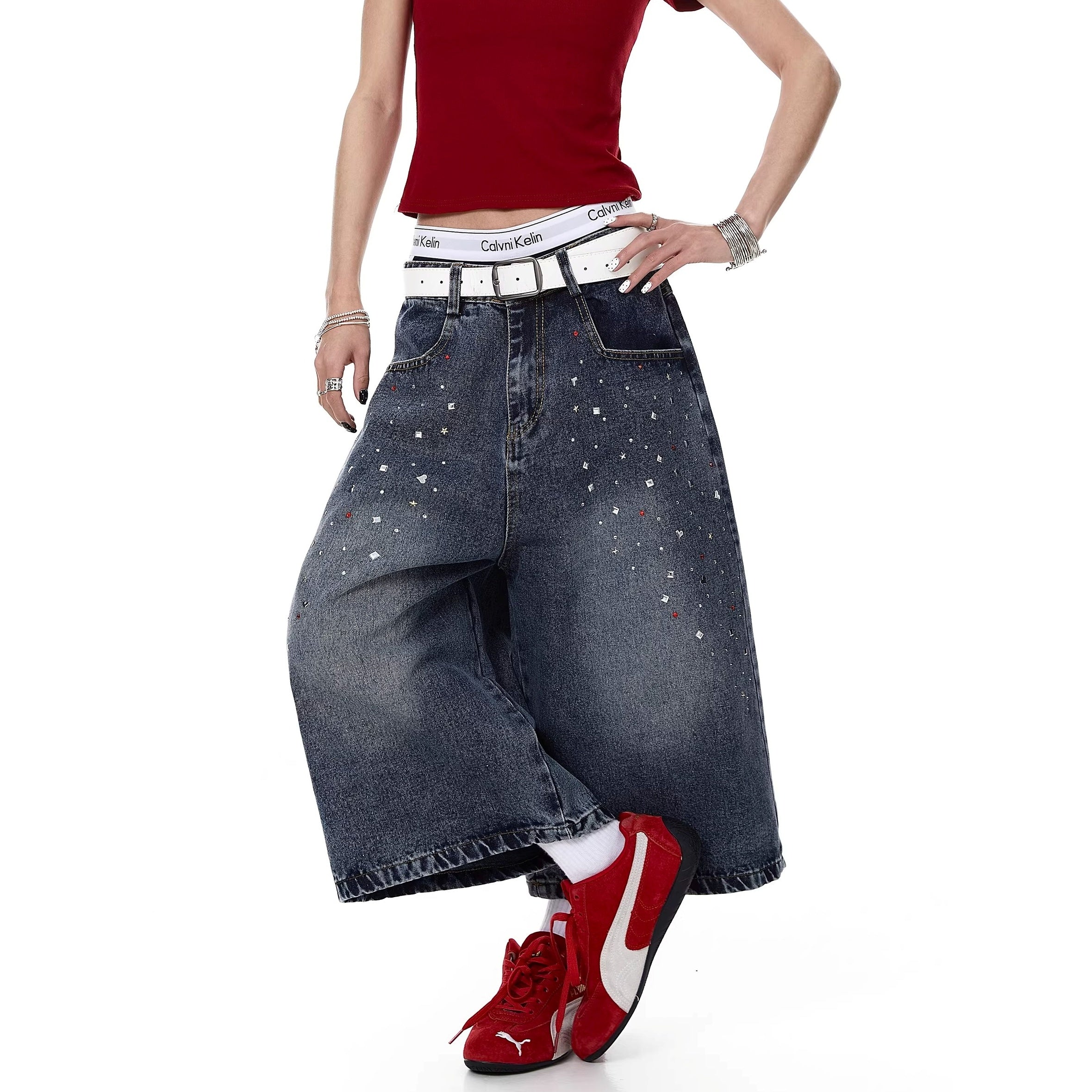 Rhinestone Washed Denim Cropped Pants MW10384