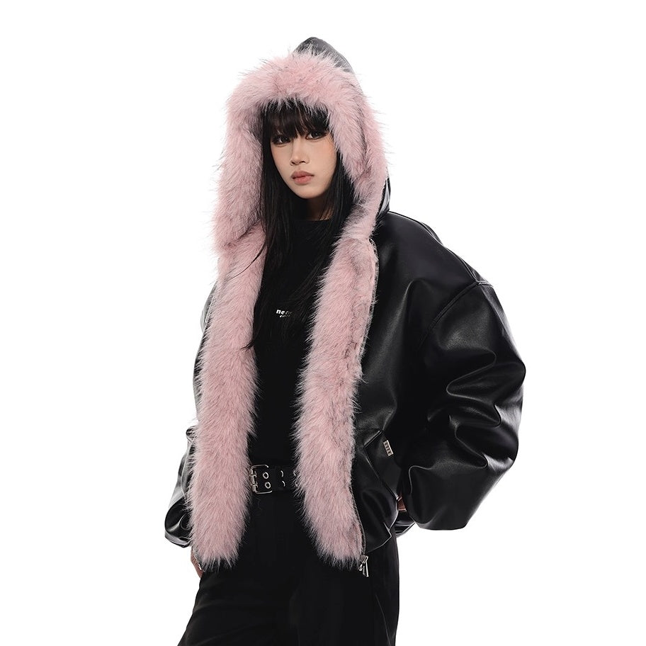 Fur Collar PU Hooded Jacket VI2014