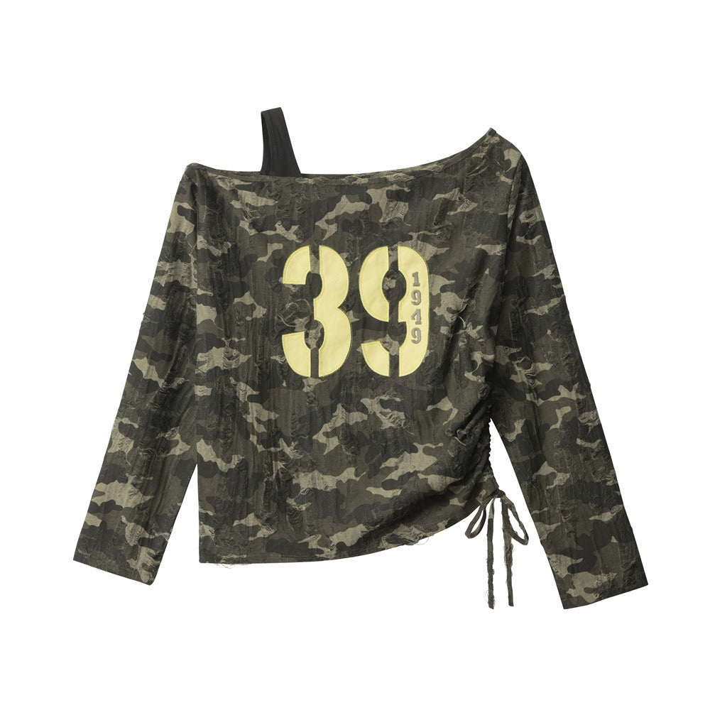 Camouflage Off-the-Shoulder Long Sleeve T-Shirt NR7005