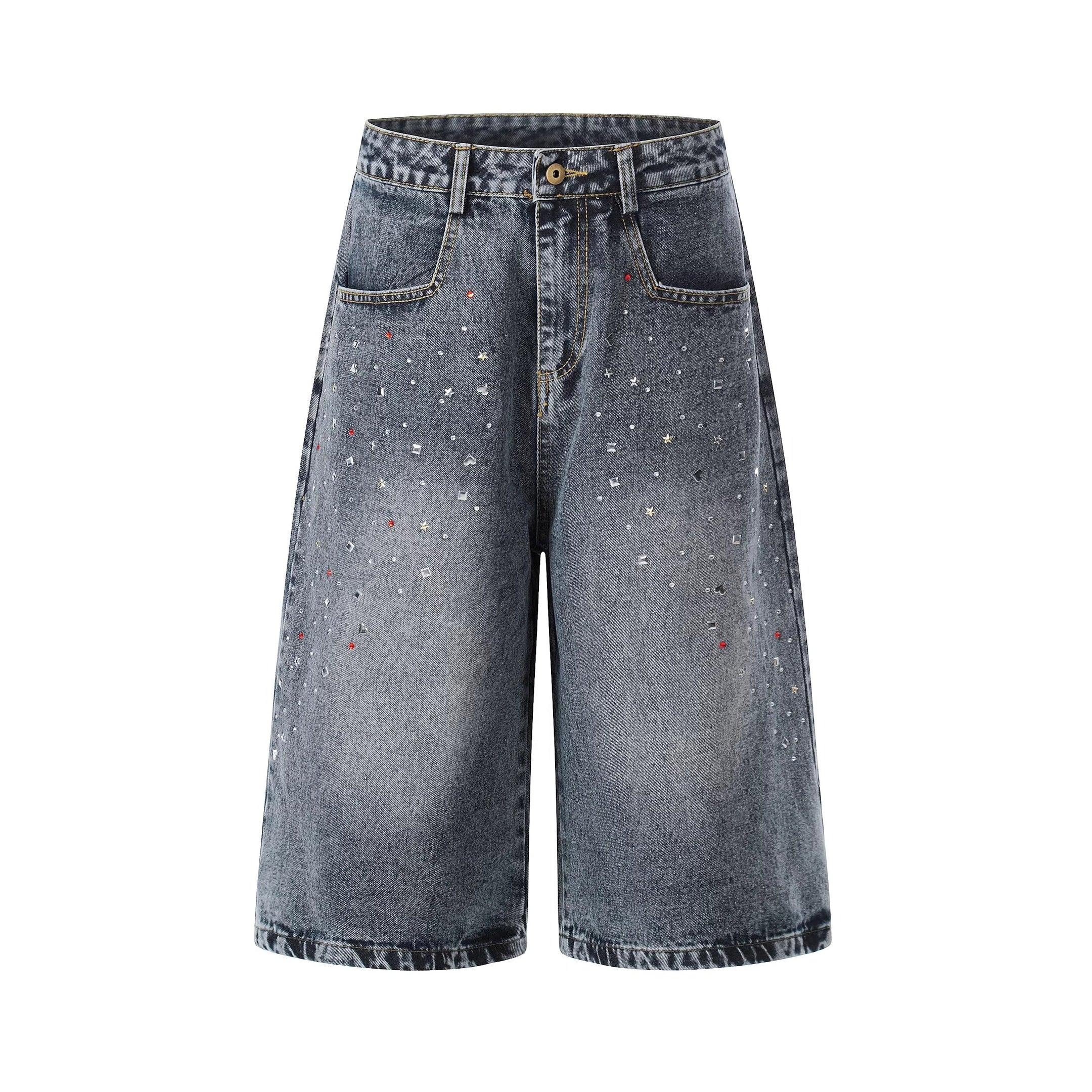 Rhinestone Washed Denim Cropped Pants MW10384