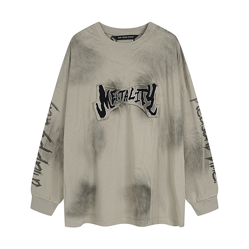 Patch Embroidered Stained Washed Long Sleeve T-shirt MW10248