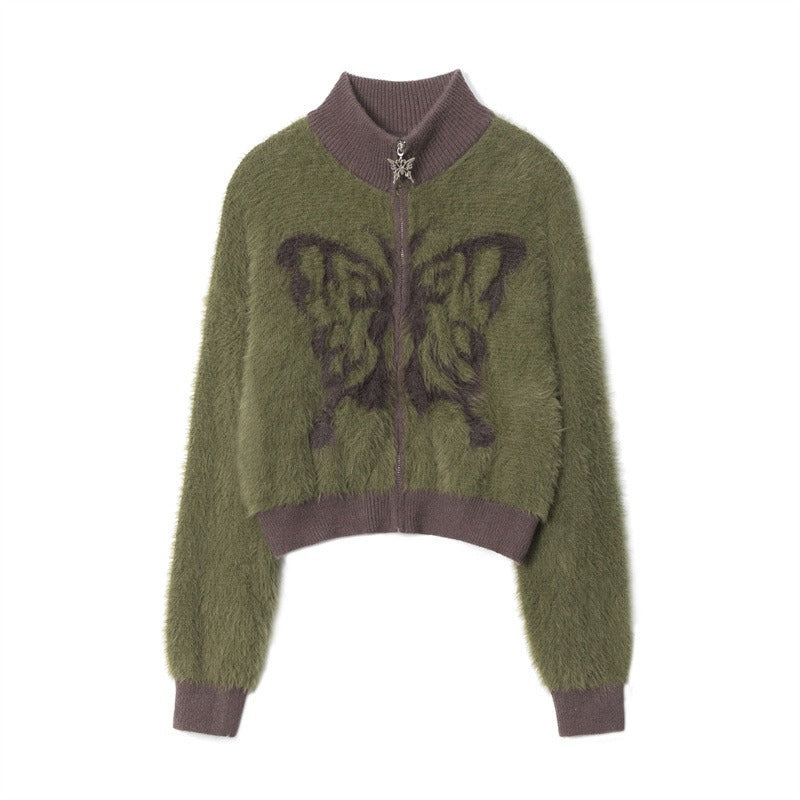Stand Collar Butterfly Embroidered Cardigan NR7004