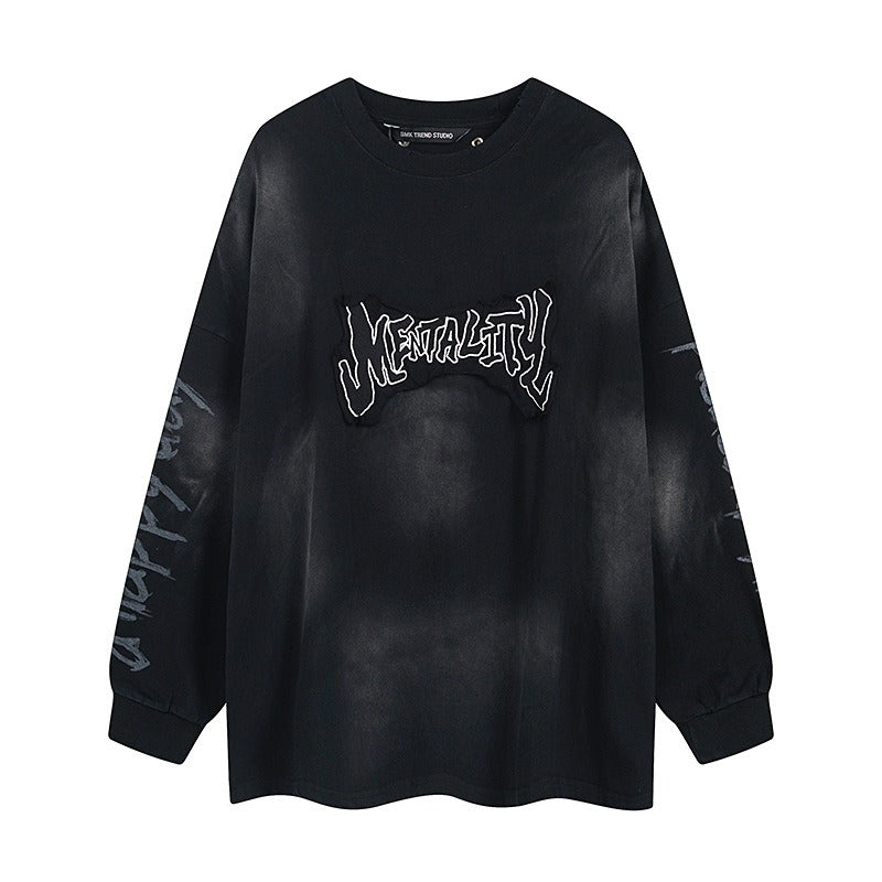 Patch Embroidered Stained Washed Long Sleeve T-shirt MW10248